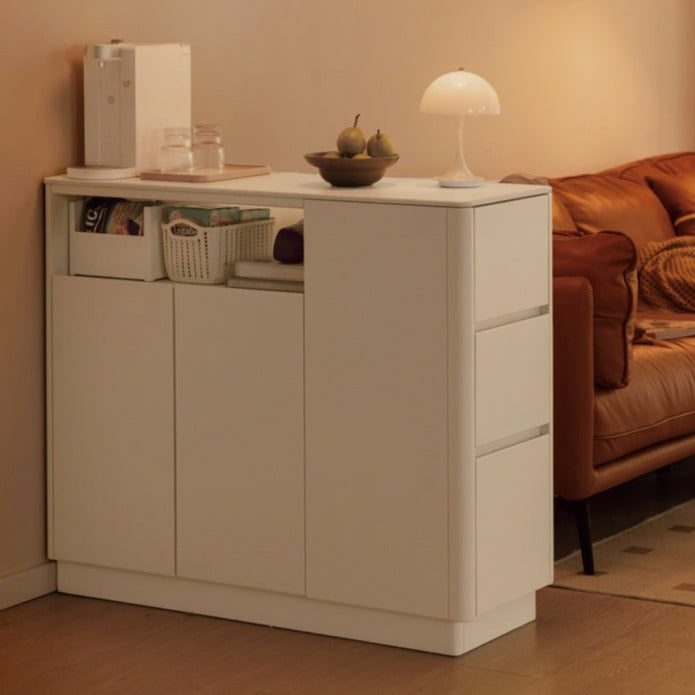 Solid Poplar Wood Dining Room Cabinet with Partition - White Cream Rock Board for Kitchen Storage & Home Organization