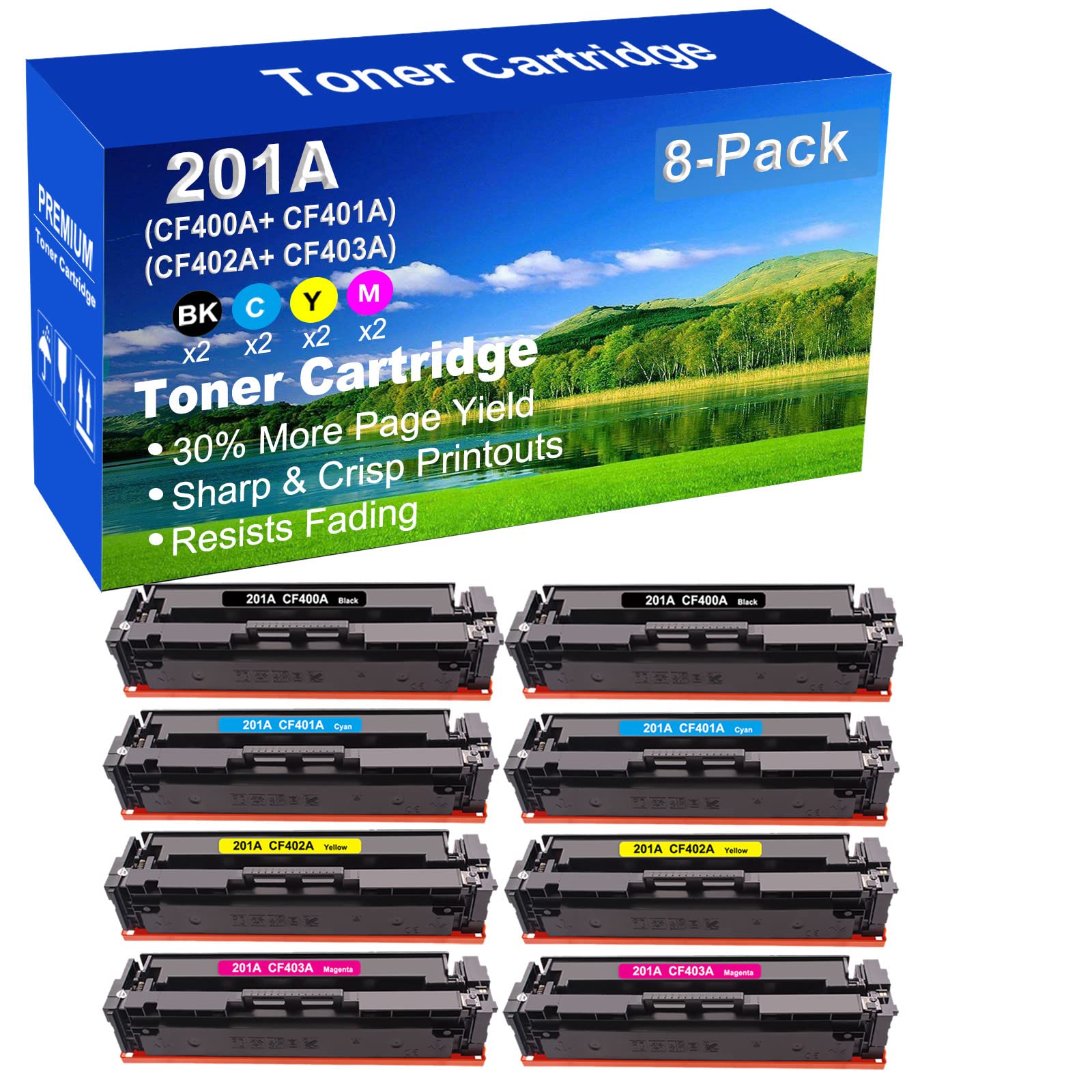 8-Pack (2BK+2C+2Y+2M) High Yield 201A Compatible Toner Cartridges for HP MFP M252dw/M252n Printers - Replacement for CF400A/CF401A/CF402A/CF403A - Ideal for Home Office & Small Business Printing Needs