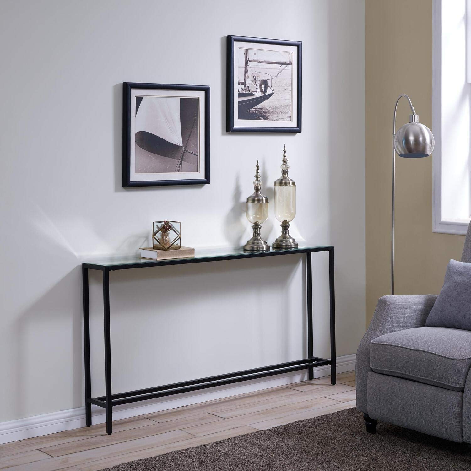 SEI Engra Narrow Long Console Table with Mirrored Top in Gunmetal Gray - Perfect for Entryway, Living Room, or Hallway Decor