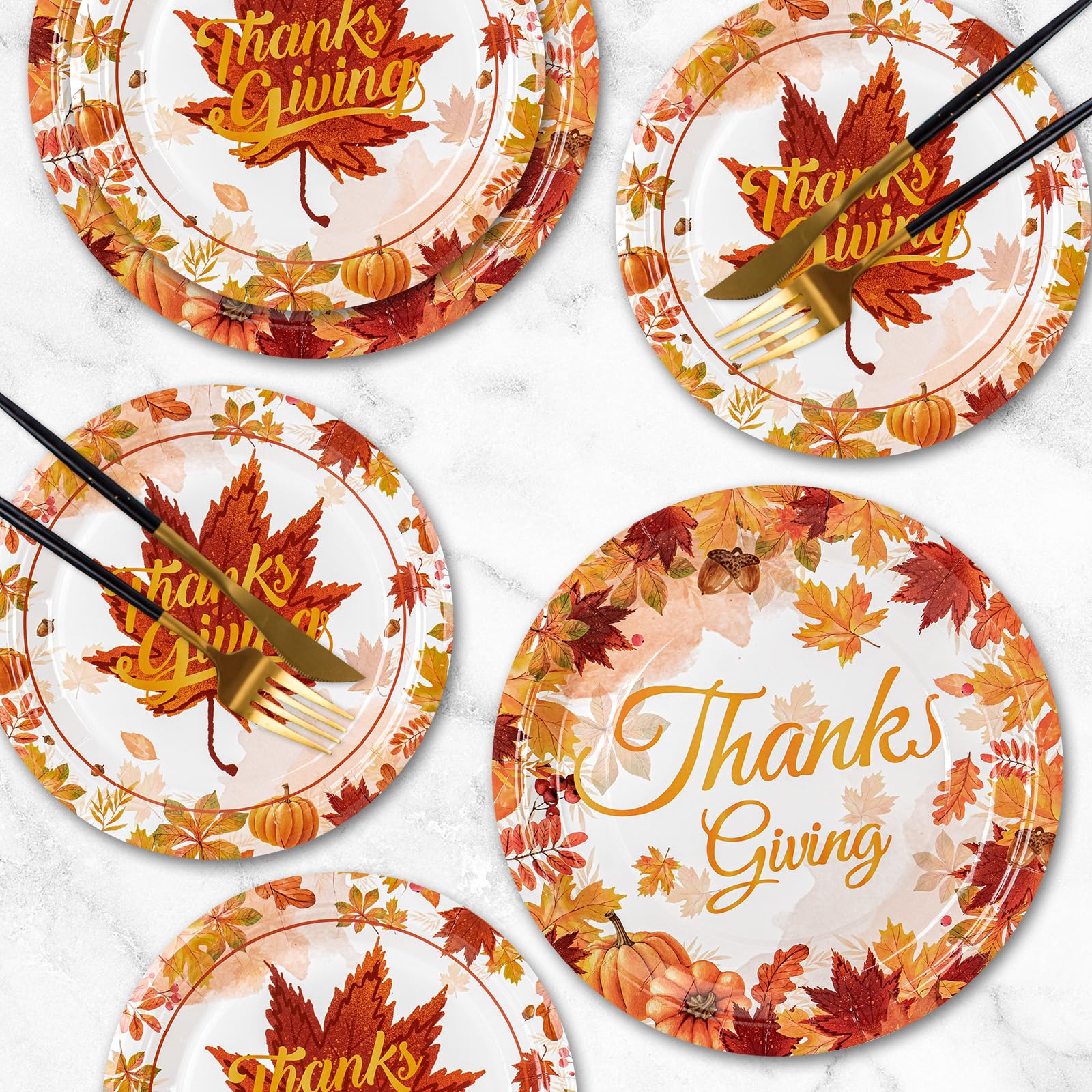 48 Pcs Thanksgiving Disposable Paper Plates Set - Fall Pumpkin & Maple Leaf Design Round Party Dinnerware for Autumn Thanksgiving Day, Halloween, Harvest Festival Decorations | Perfect for Holiday Gatherings, Family Dinners & Seasonal Table Settings