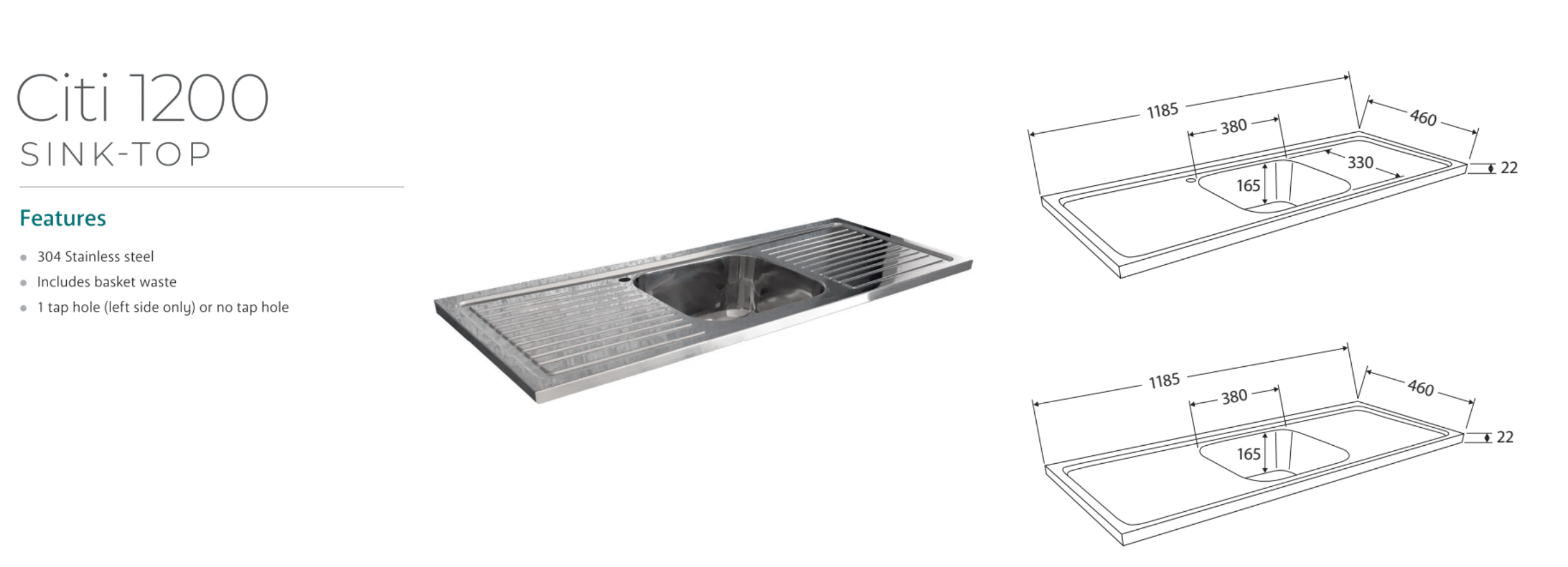 Fienza CIT120NKW Citi 1200mm Modern Bathroom Sink & Vanity Set with Kickboard - Perfect for Small Bathrooms, Powder Rooms, and Guest Baths