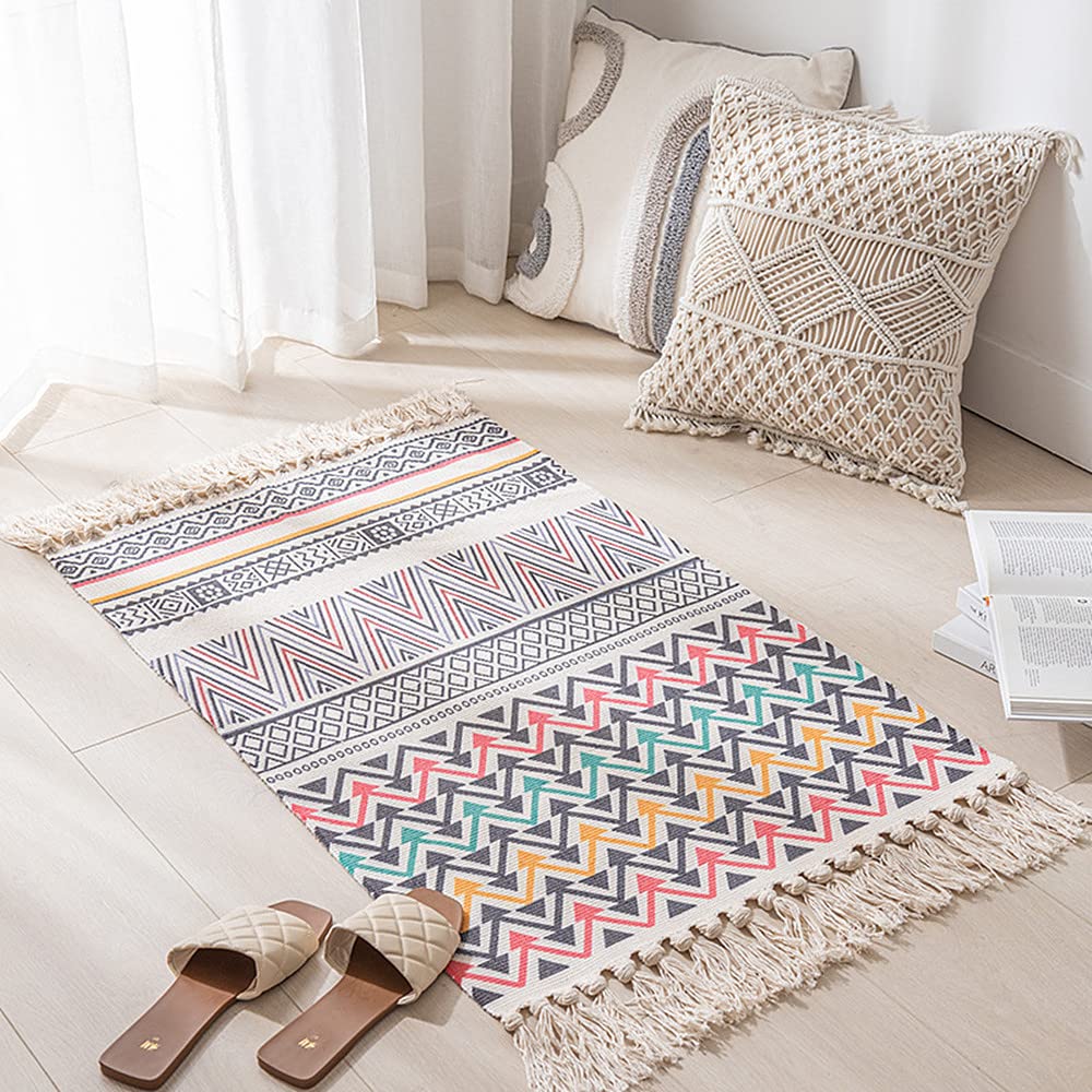 Poowe Cotton Area Rug with Tassel - Hand Woven Bohemian Washable Carpet, Boho Rugs for Living Room, Bedroom, Bathroom Runner - Multi Printed Pattern | Soft Floor Mat for Home Decor, Yoga & Meditation Space