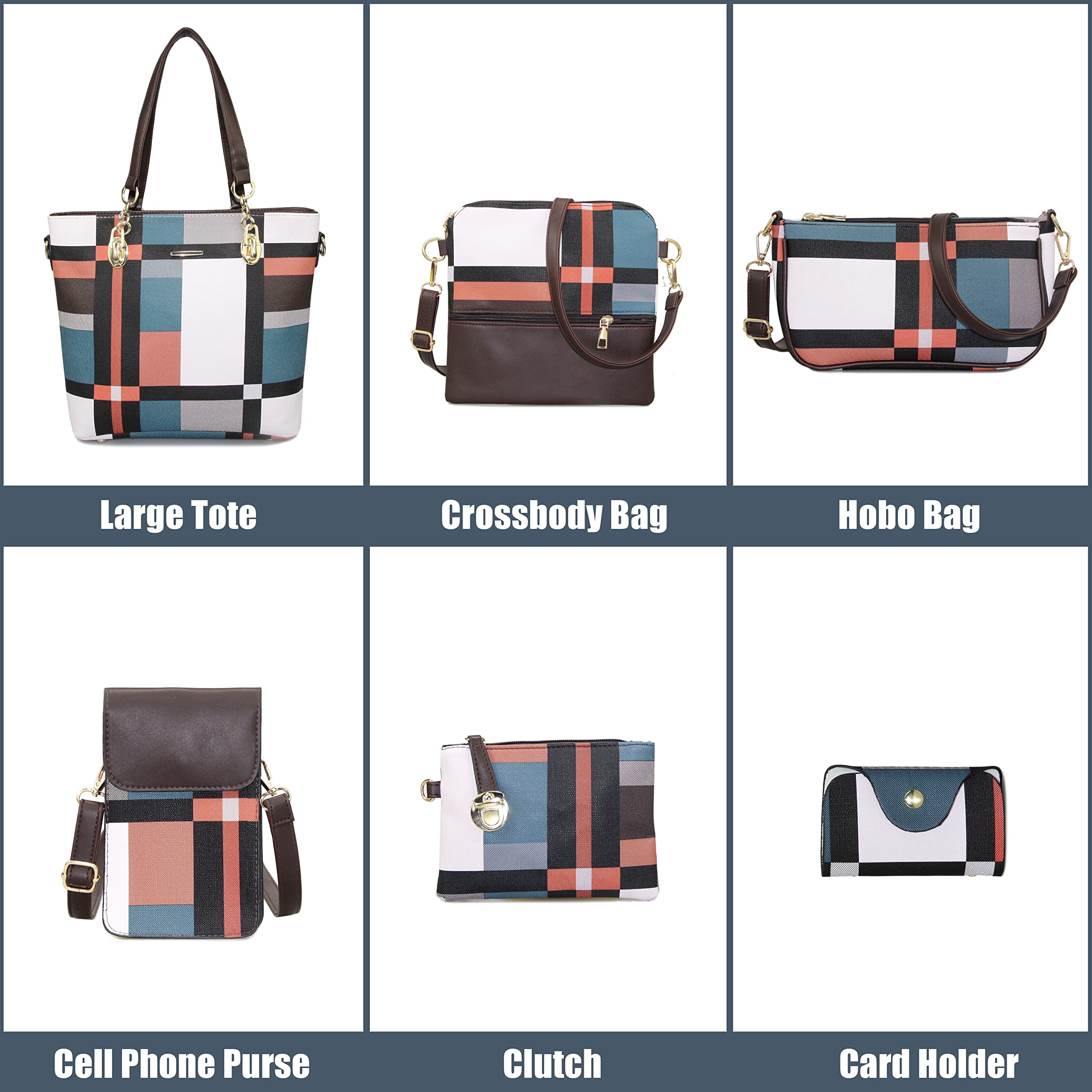 Women's Synthetic Leather Handbag Set - 6pcs Tote & Crossbody Bags for Work & Travel