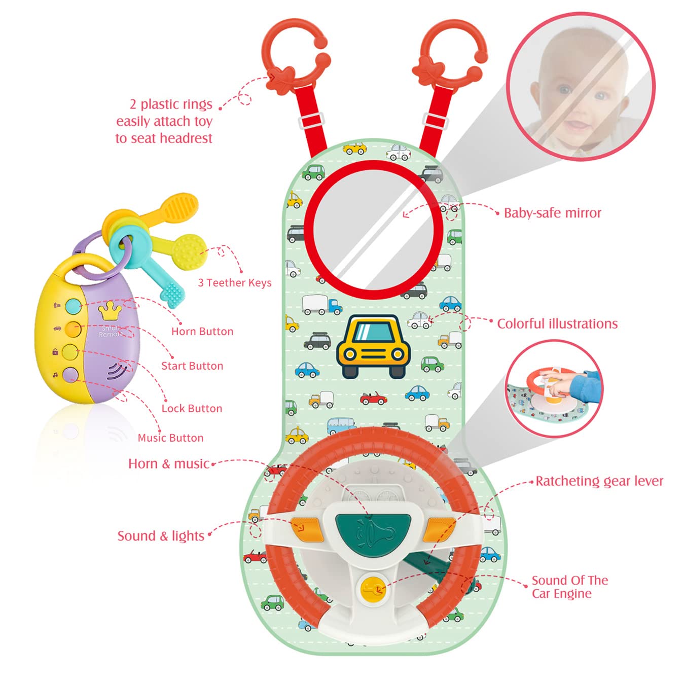 Best Baby Car Seat Toys for Infants & Toddlers - Soft Mirror & Toy Keys with Music, Lights & Driving Sounds - Safe Carseat Steering Wheel Toy for Road Trips & Travel Entertainment