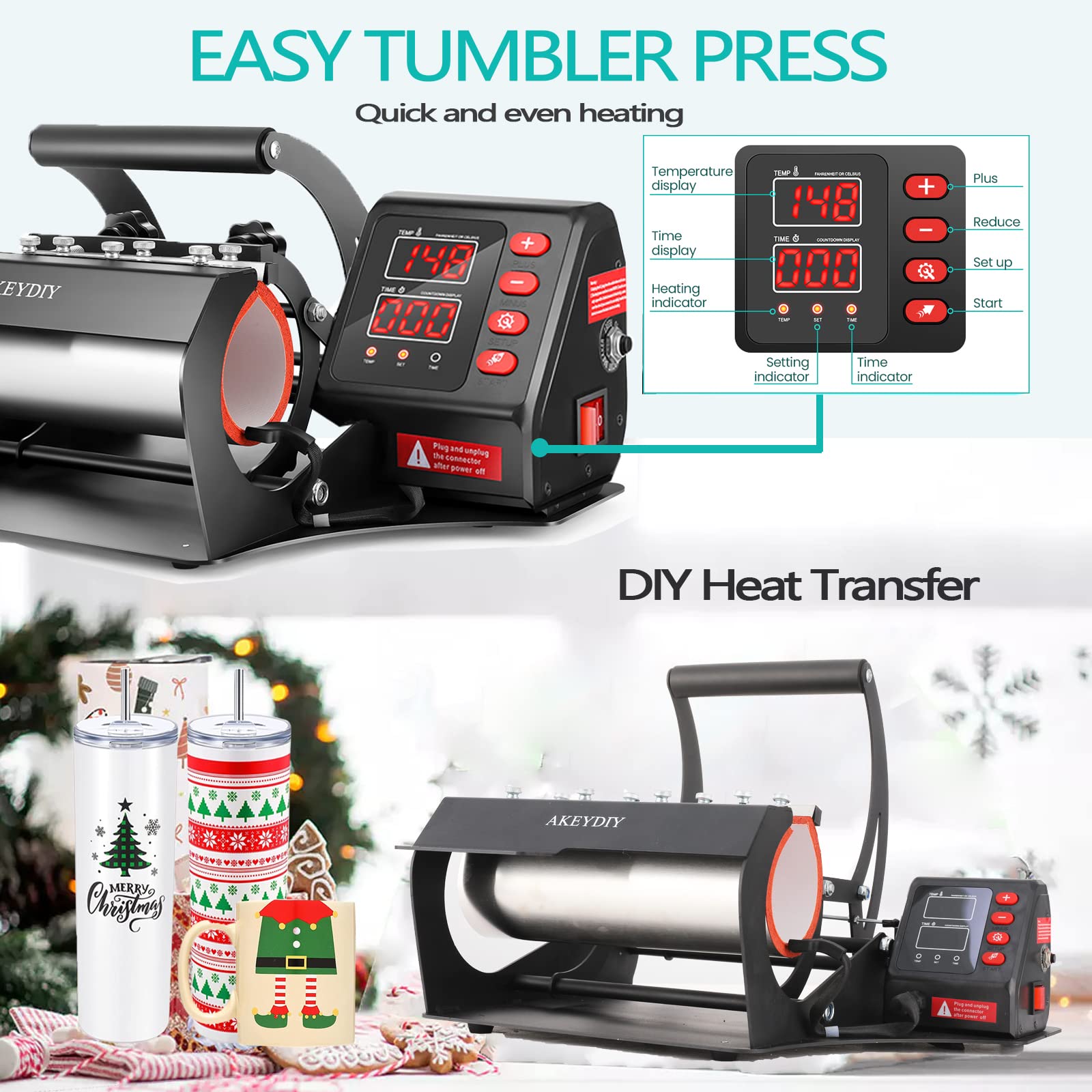 AKEYDIY Tumbler Heat Press Machine for 11oz-30oz Sublimation Tumblers - Straight & Skinny Cup Press for Glass Jars, Cans, Mugs - DIY Heat Transfer Vinyl Press - Perfect for Custom Drinkware, Gifts & Small Business Use