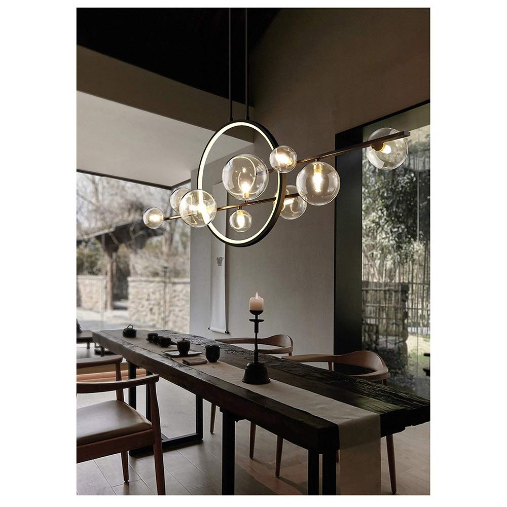 Modern Wrought Iron LED Chandelier Light - Round Black & Gold Postmodern Glass Bubble Design with G9 Bulb (100x73cm) - Perfect for Dining Room, Living Room, and Bedroom Lighting