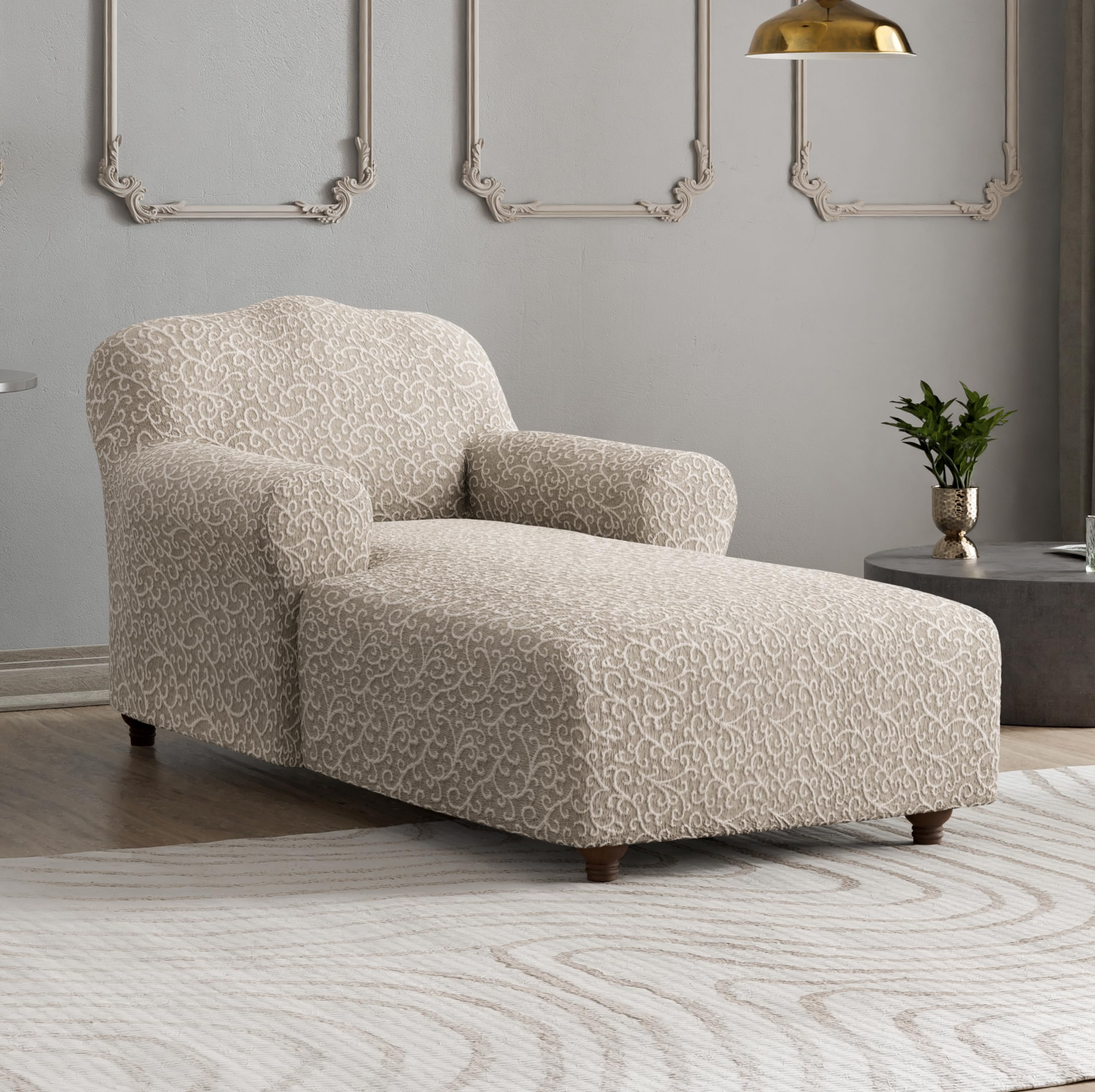 PAULATO BY GA.I.CO. Chaise Lounge Cover - Stretch Jacquard Sofa Slipcover - Soft Fabric Furniture Protector - 1-Piece Form Fit for Chaise Sofa - Beige Arabesco Design | Perfect for Living Room, Patio & Outdoor Furniture Protection