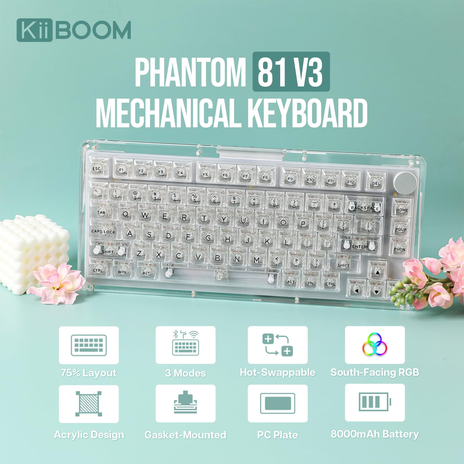 KiiBoom Phantom 81 V3 75% Hot Swappable Crystal Gasket Mechanical Keyboard - Triple Mode NKRO Gaming Keyboard with RGB Backlit, Clear Keycaps, 8000mAh Battery for Windows/MacOS - Perfect for Gaming, Coding & Office Work (Phantom 81 V3 Clear)