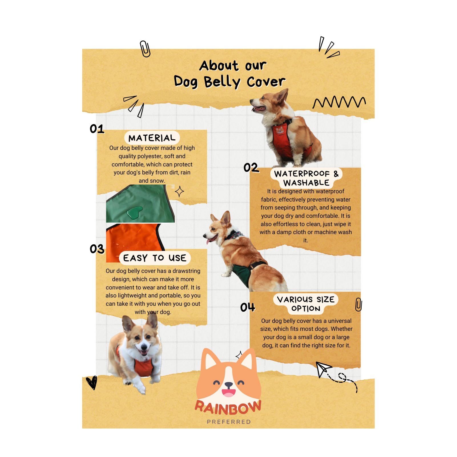 RainbowPreferred Waterproof Dog Belly Protector - Dog Recovery Suit, Belly Cover & Vest for Post-Surgery, Spay/Neuter Protection - Washable & Easy to Clean Pet Costume for Indoor & Outdoor Use