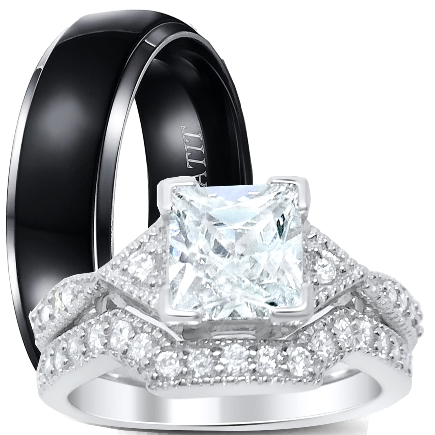 Princess Cut Wedding Ring Set for Couples - His & Her Matching Black Band Engagement Rings - Perfect for Anniversaries, Proposals & Romantic Occasions