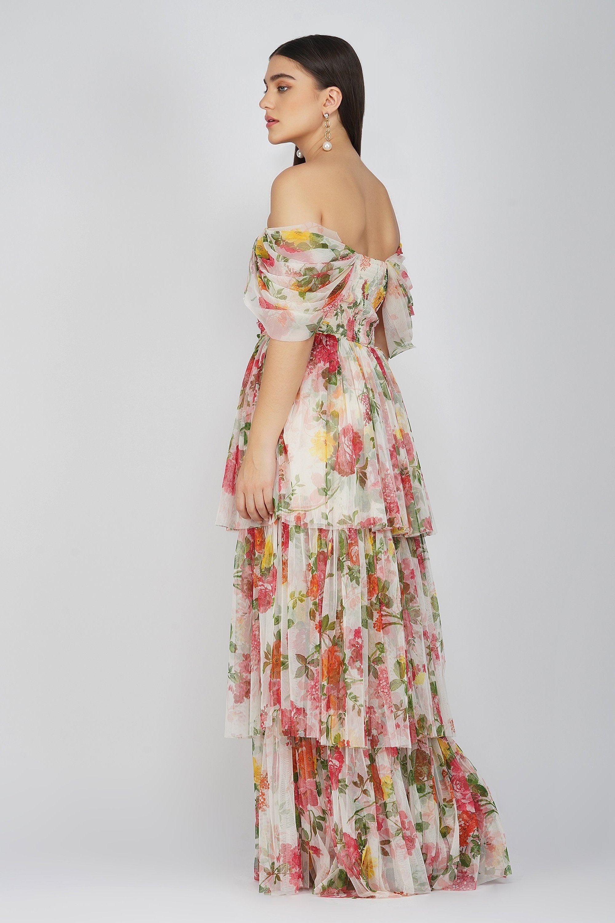 Elegant Sydney Tulle Maxi Dress - Bright Floral Print Long Evening Gown for Women | Perfect for Weddings, Parties & Special Occasions