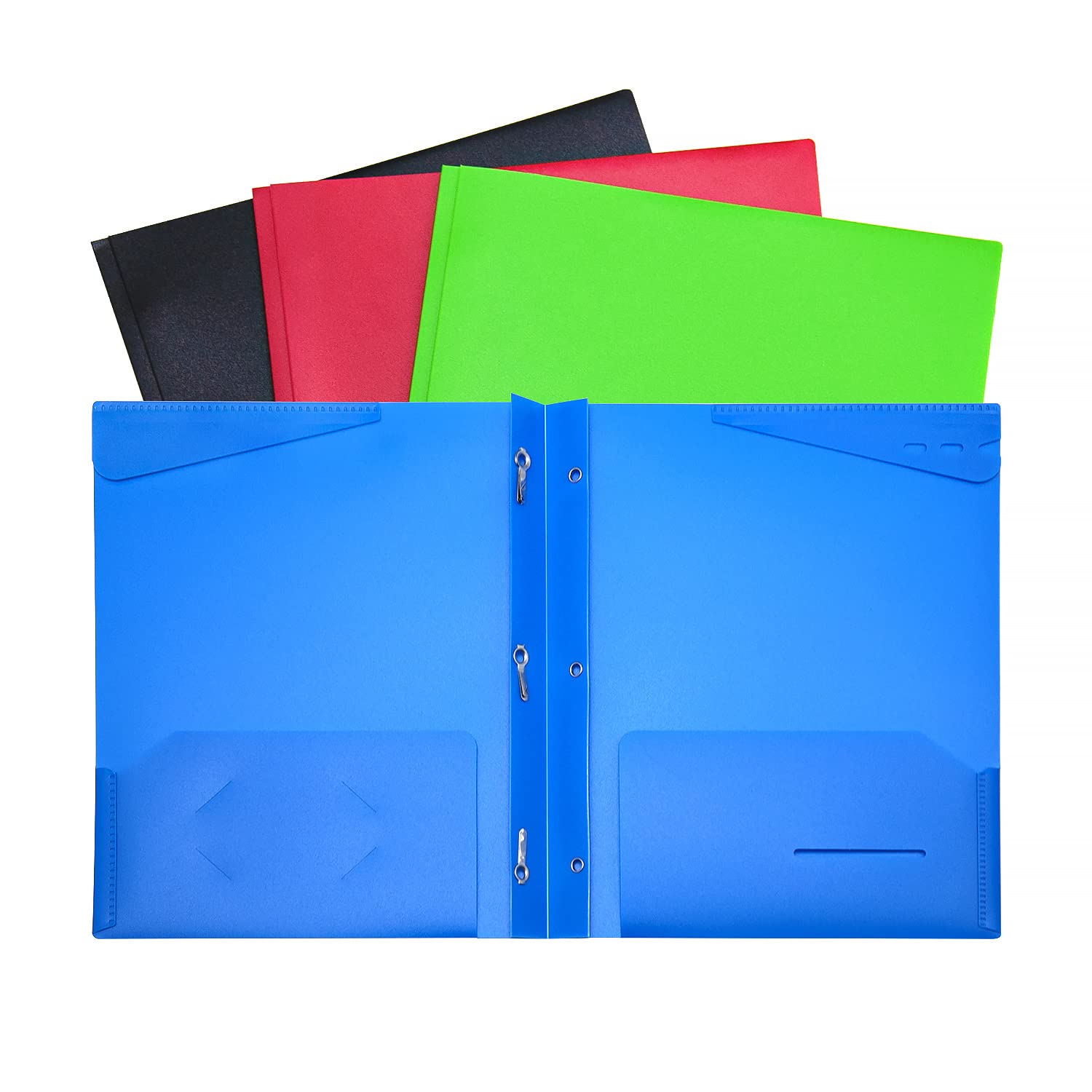 Tashkummy 4 Pack Heavy-Duty Plastic Folders with Prongs & Pockets - 2 Business Card Slots, 2 Stay-Put Tabs & Pen Holder - Assorted Colors for Office, School & Document Organization