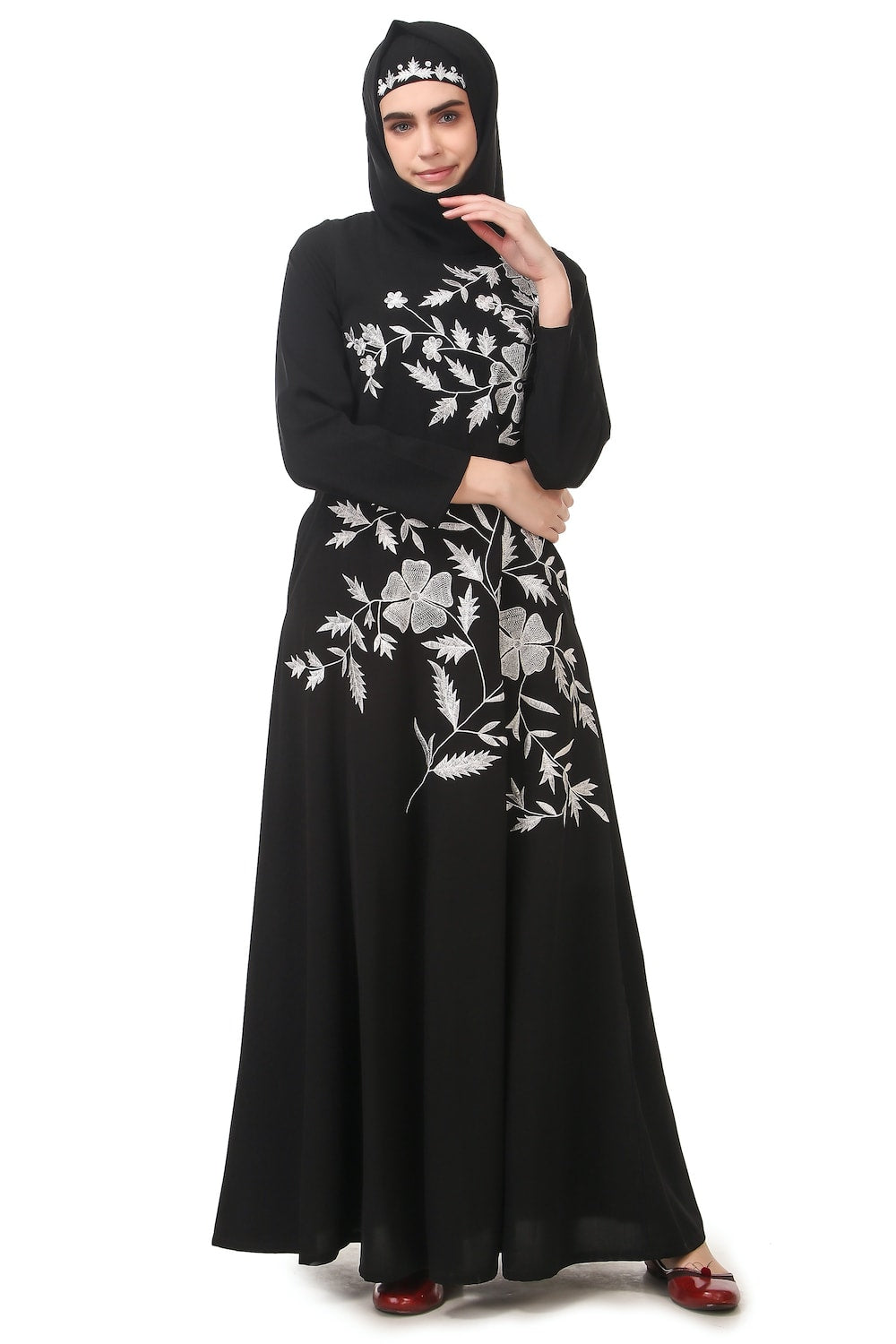 Elegant Contrast Embroidery Flared Abaya Dress for Women - Modest Islamic Fashion for Prayer, Eid, and Special Occasions