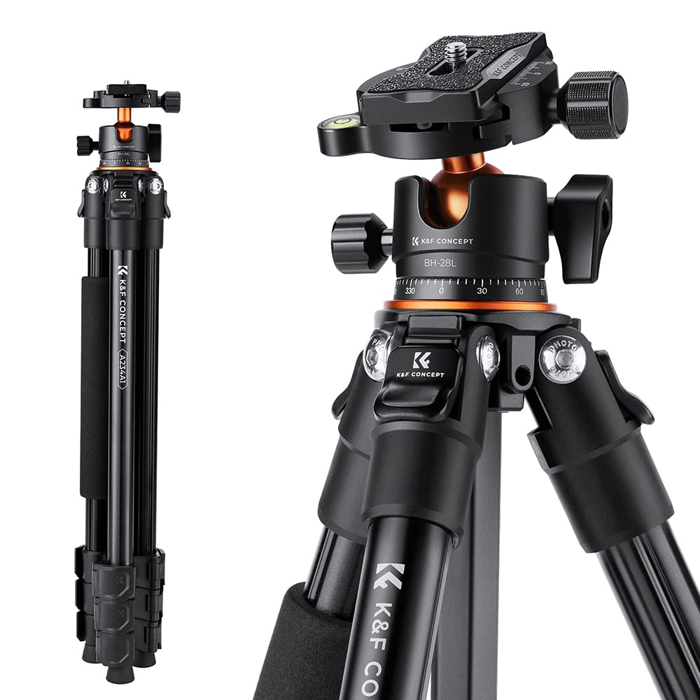 K&F Concept 62-Inch Lightweight Aluminum Tripod for DSLR Cameras - 160cm Compact Travel Tripod with 10KG Load Ball Head & Quick Release Plate - Perfect for Photography, Vlogging, and Outdoor Adventures (Model A234A1)