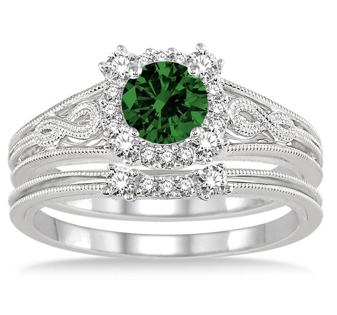 1.25 Carat Emerald Vintage Halo Floral Bridal Set Engagement Ring in 10K White Gold - Perfect for Proposals, Anniversaries & Romantic Occasions
