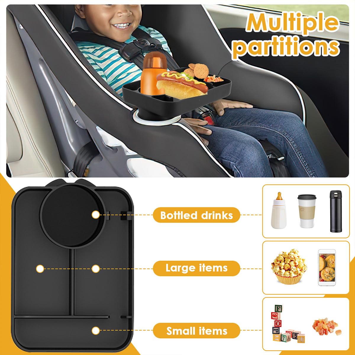 360° Rotating Car Seat Travel Tray for Kids - Expandable Snack Tray with Cup Holder | Portable Toddler Food Tray for Road Trips, Airplane Travel & Backseat Dining