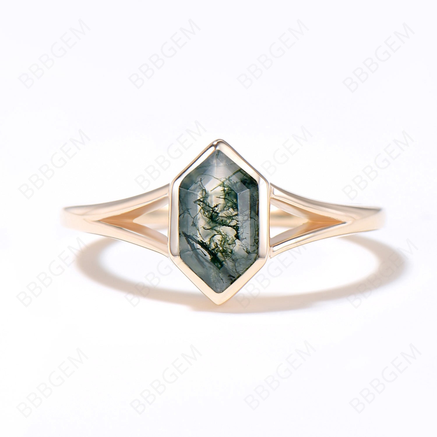14K Solid Gold Hexagon Cut Natural Moss Agate Solitaire Ring - Art Deco Split Shank Bezel Set Promise Ring for Women | Green Agate Jewelry for Engagement, Anniversary & Special Occasions