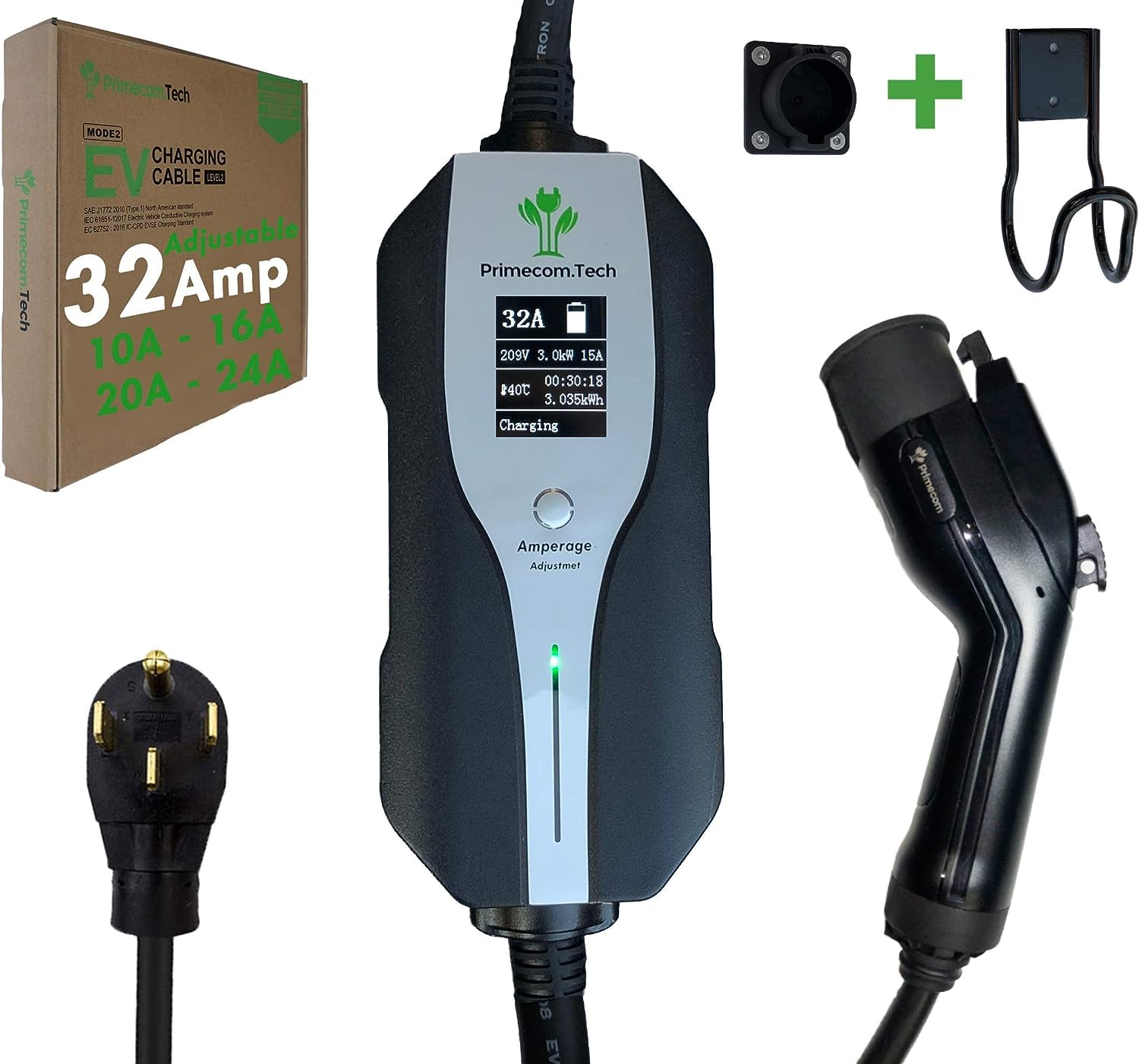 PRIMECOM.TECH 32A Level 2 EV Charger with Holster & Hanger - 240V 32 Amp NEMA 14-50 Plug for Home & Commercial Charging - Fast Charging for Tesla, Nissan Leaf, Chevy Bolt & More EVs