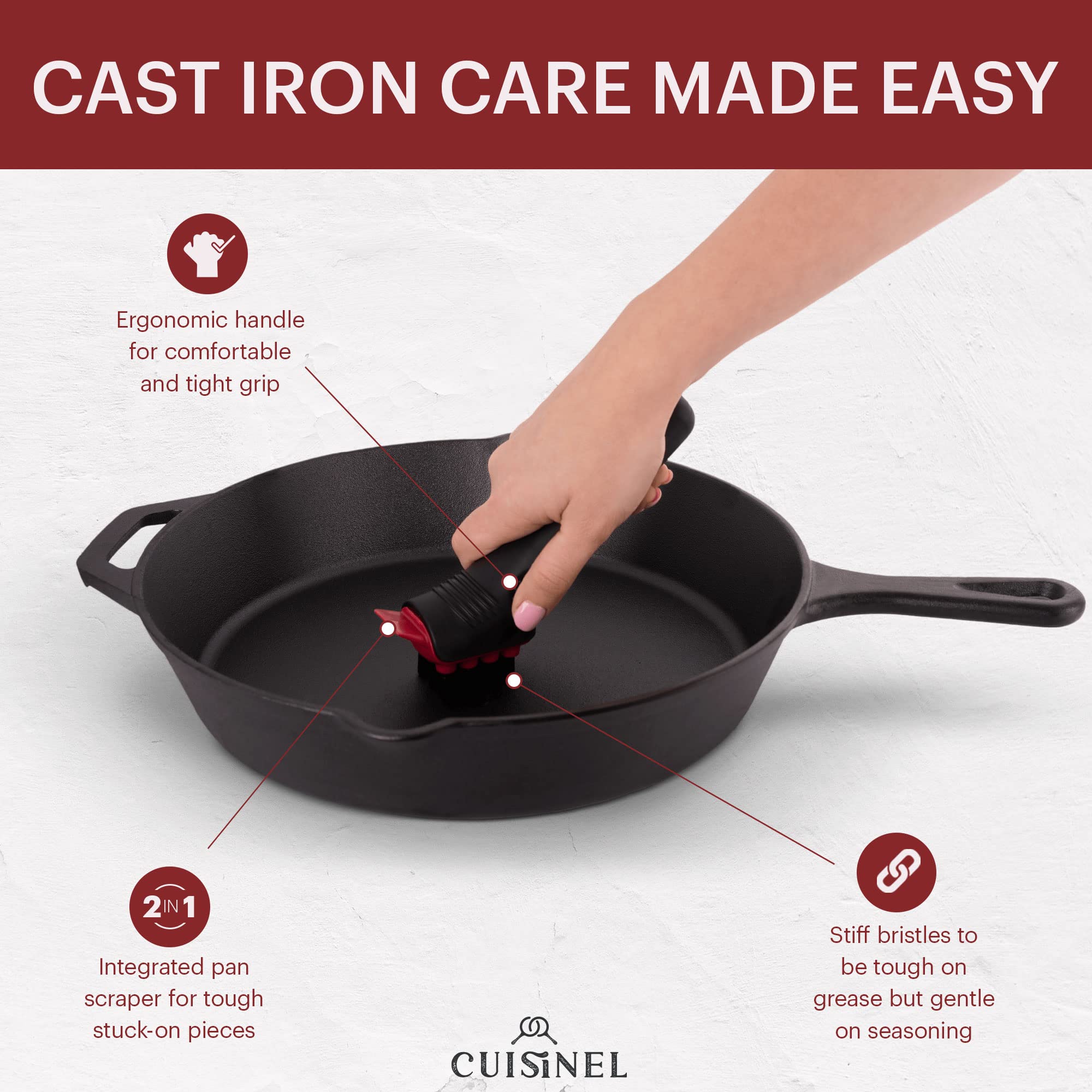 Cuisinel Cast Iron Scrubber Brush with Stainless Steel Chainmail & Pan Scraper - Heavy Duty Grill and Skillet Cleaner Kit - Non-Scratch Dish Scrub Tool for Tough Grease - Safe for Cookware - Perfect for Camping, Outdoor Cooking and Kitchen Cleaning