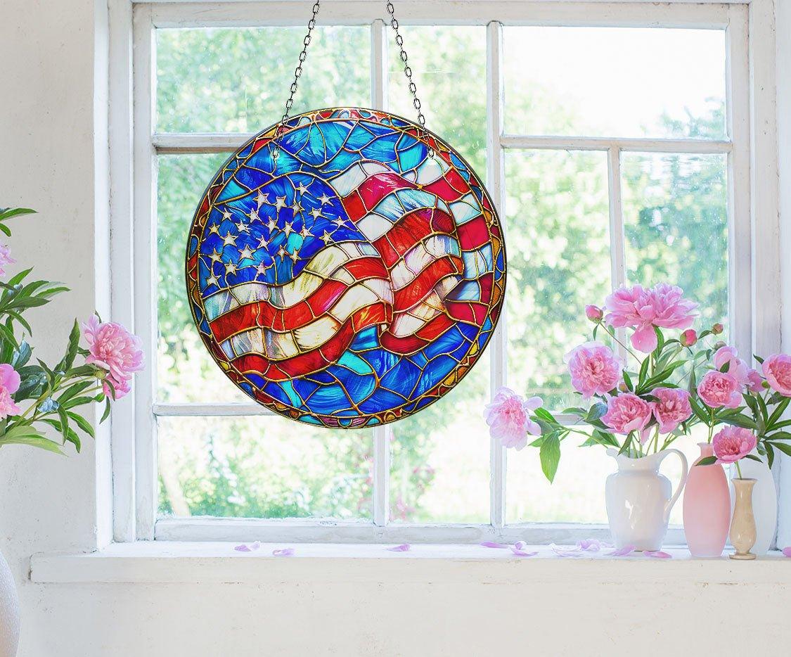 American Flag Suncatcher - Patriotic Window Decoration for Home & Office - Perfect for Independence Day, Memorial Day & Veterans Day Decor