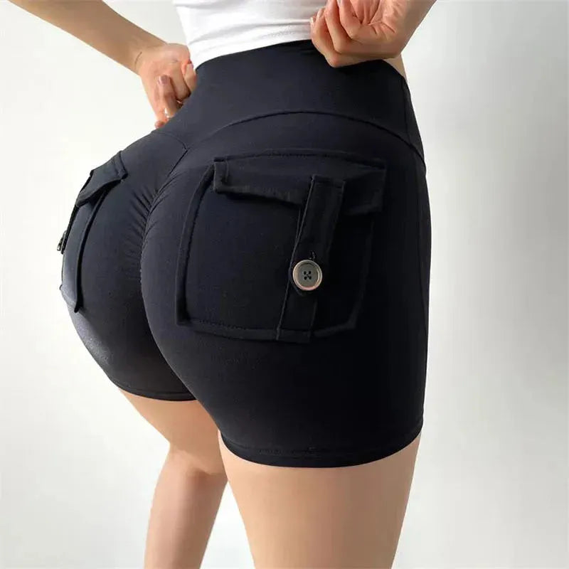 Women's High Waisted Cargo Yoga Shorts - Scrunch Butt Booty Tight Workout Shorts with Button Pocket for Gym, Running & Fitness | Perfect for Yoga, Pilates & Outdoor Activities