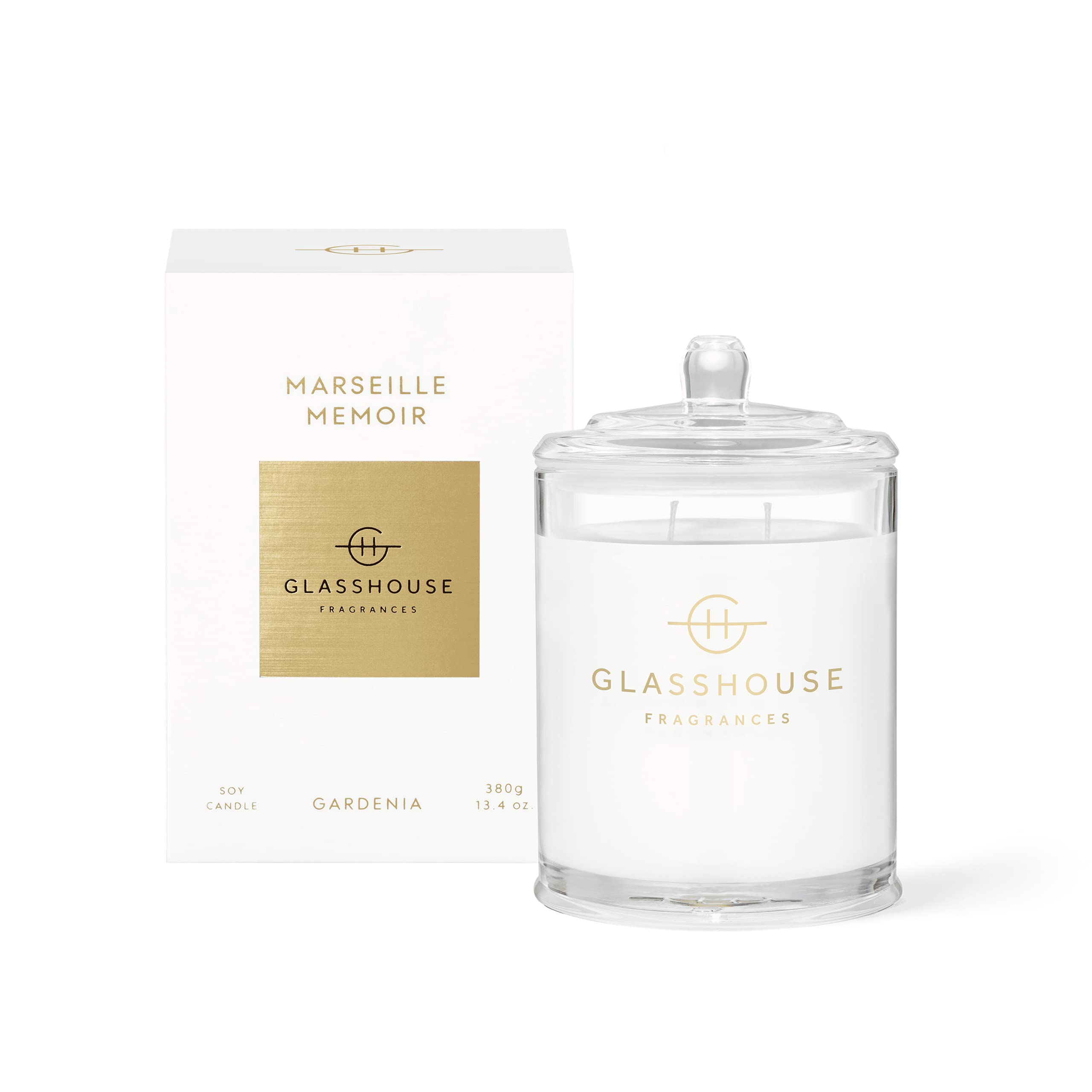 Glasshouse Fragrances Marseille Memoir Scented Candle - Triple Scented Natural Soy Wax Blend with Gardenia Aroma, 2-Wick Design in Elegant Glass Jar (13.4oz/380g, 65-Hour Burn Time) - Perfect for Home Decor, Relaxation & Romantic Ambiance