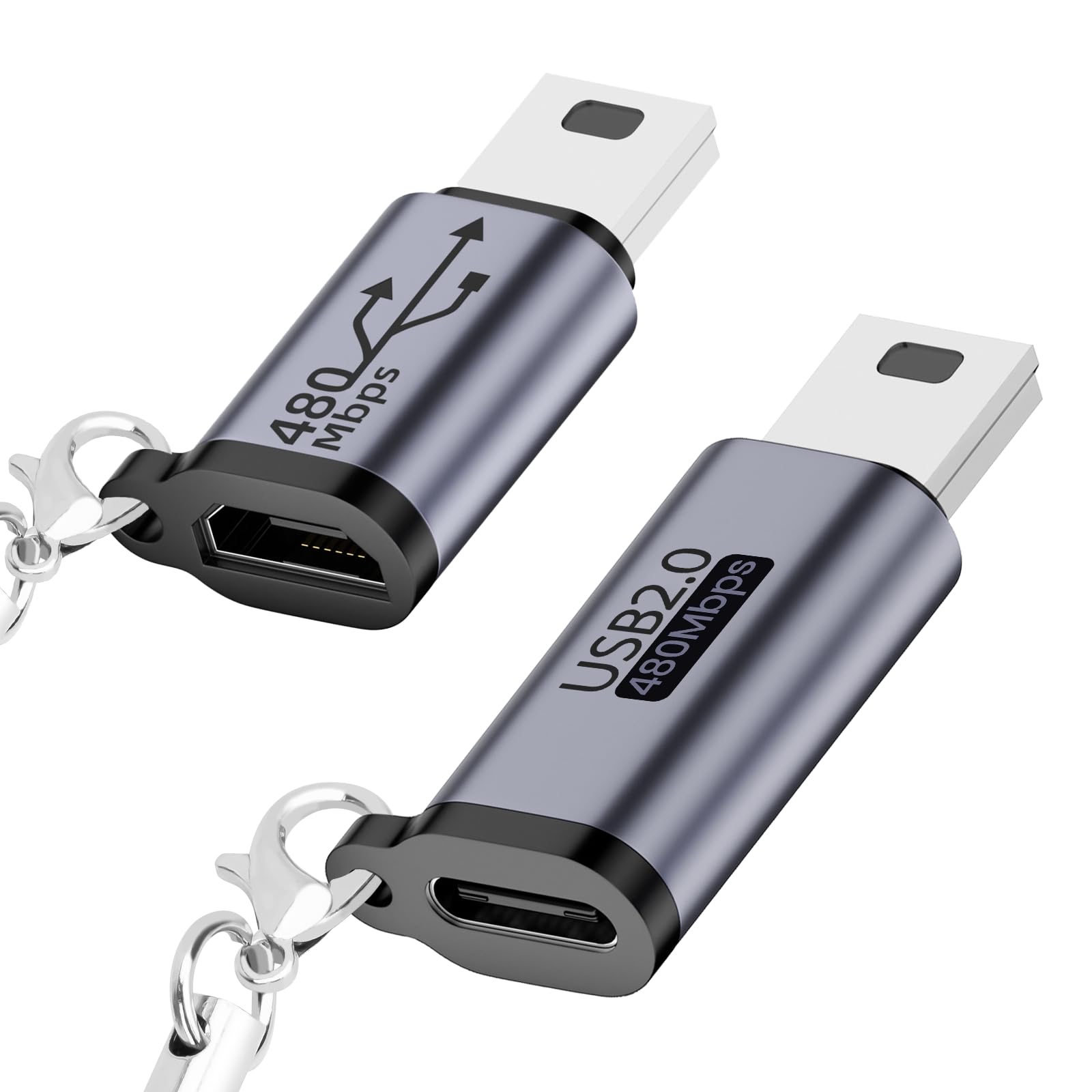 BORLTER CLAMP USB C to Mini USB Adapter & Micro USB to Mini USB Adapter 2 Pack with Lanyard - Compatible with MP3 Players, Digital Cameras, GPS Devices, Portable Hard Drives - Perfect for Data Transfer and Charging On-The-Go