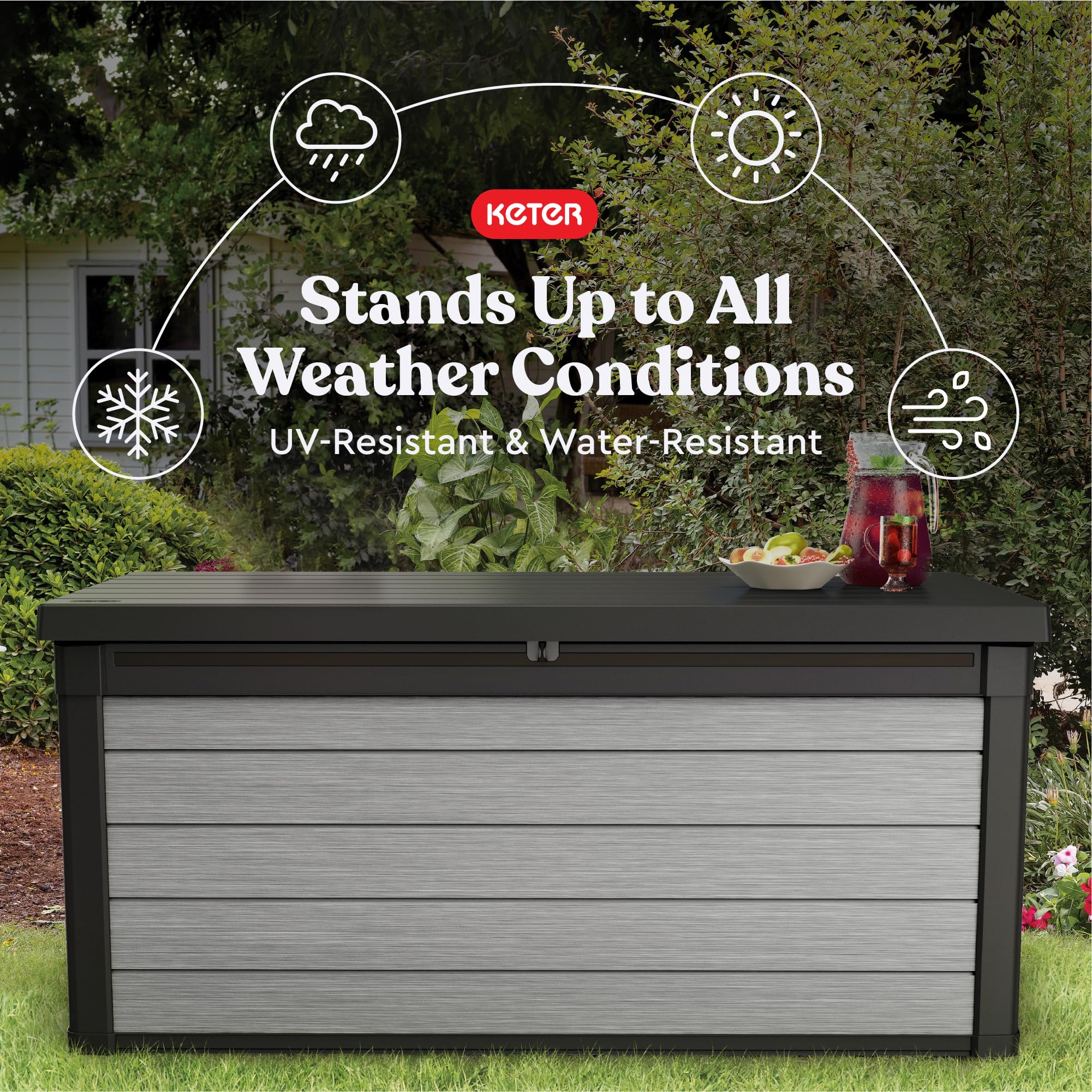 Keter Denali 150 Gallon Resin Deck Box - Large Outdoor Storage Container with Double Wall 20mm Panels, Paintable & Drillable - Perfect for Patio Furniture Cushions, Garden Tools, Pool Toys & Backyard Organization (Grey & Black)