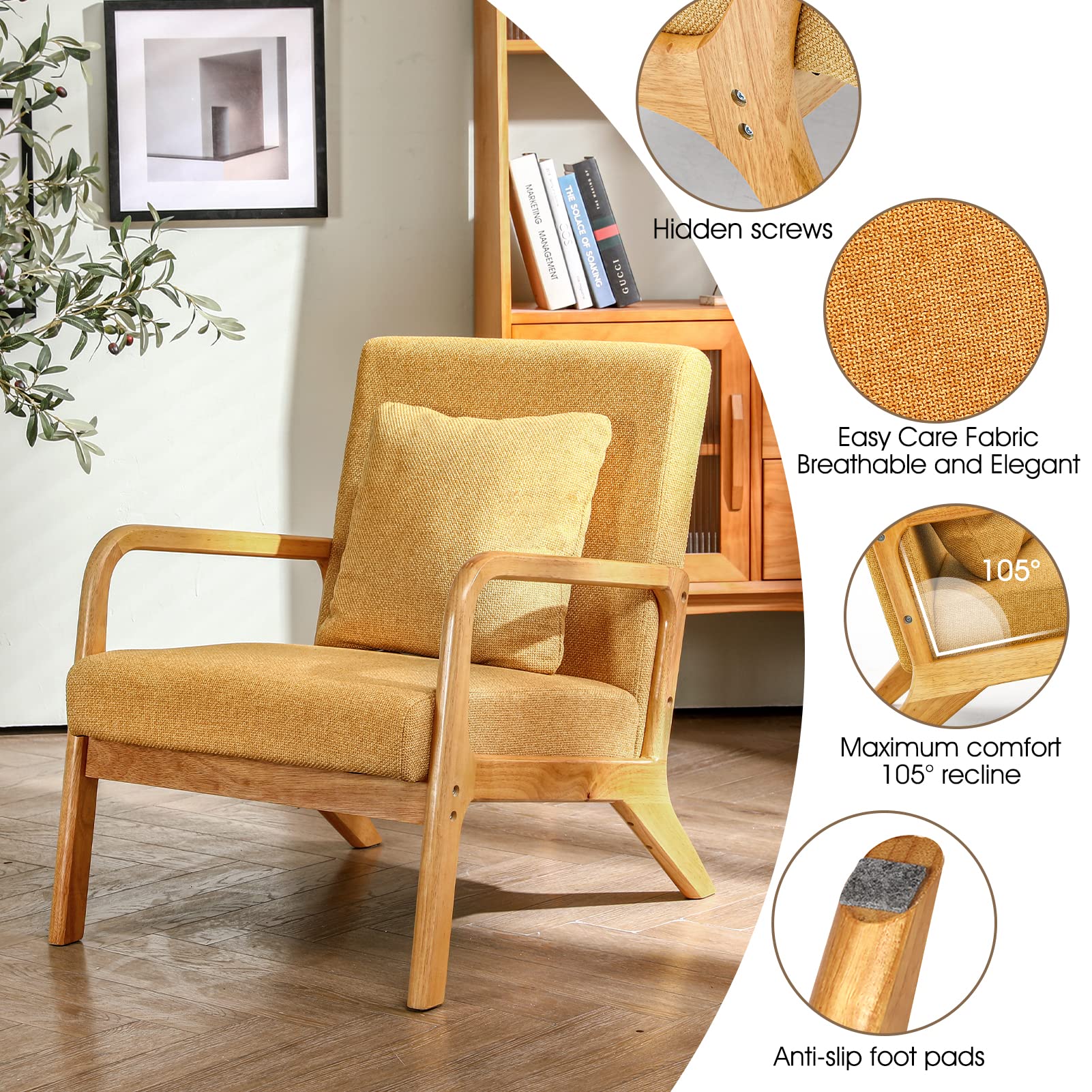 Mid-Century Modern Accent Chair - Solid Wood Frame Armchair with Soft Cushion & Pillow for Living Room, Bedroom, Balcony | Comfortable Deeper Sitting Chair in Yellow | Perfect for Reading Nook, Lounge Area & Home Office Decor