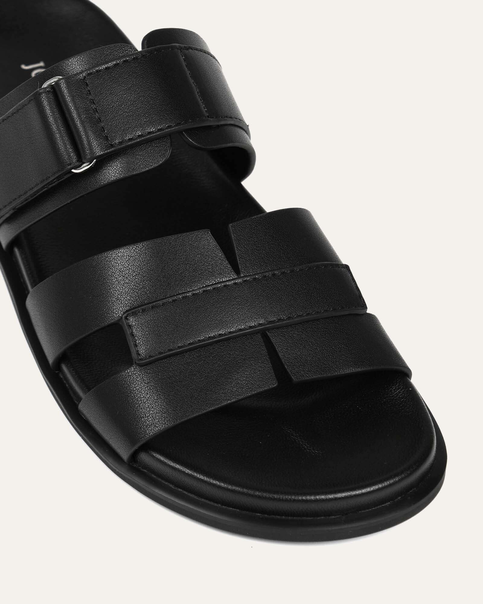 Hendix Black Leather Flat Slides for Women & Men - Comfortable Casual Summer Sandals for Walking, Beach, Pool, and Home Use