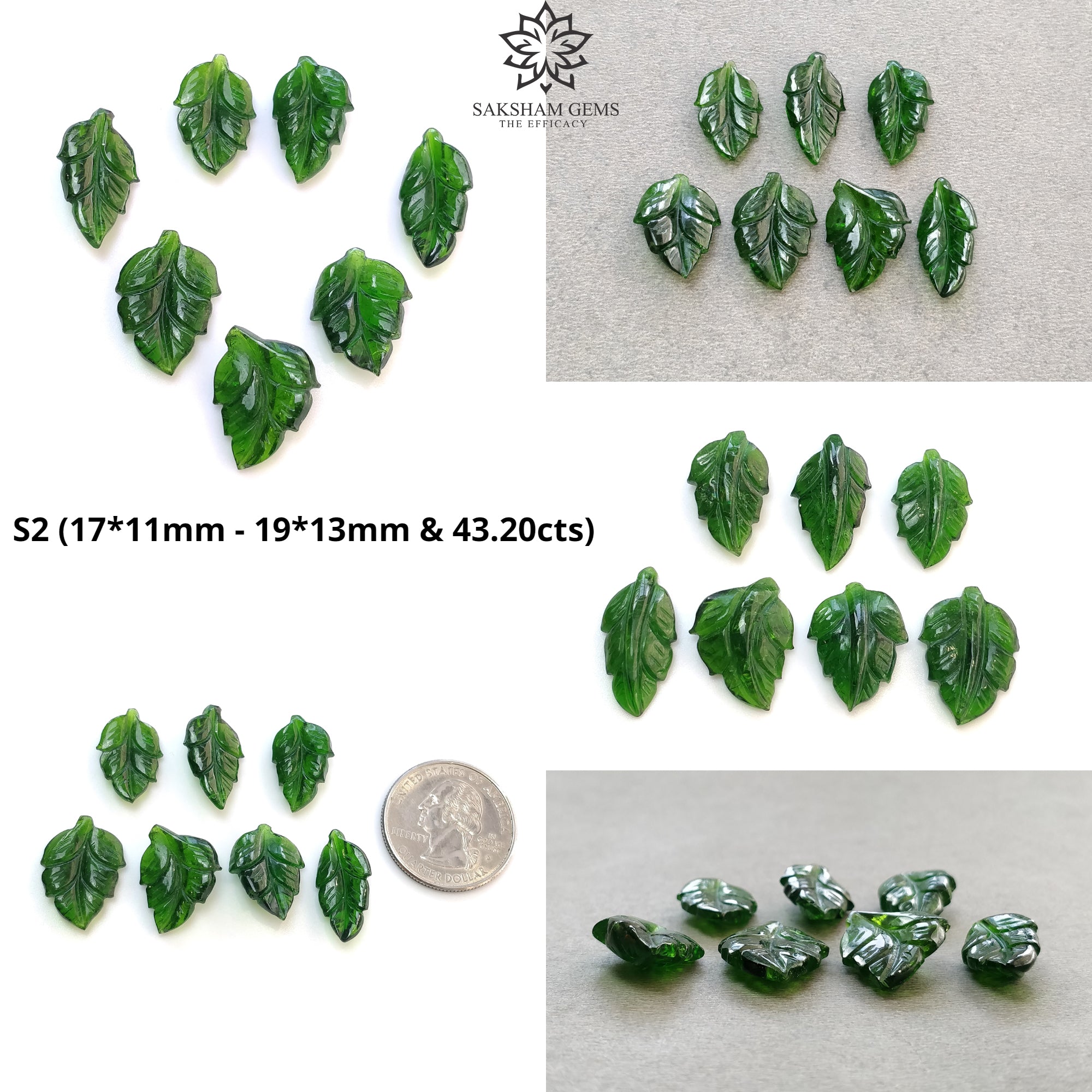 Natural Green Chrome Diopside Gemstone Carving - Hand Carved Leaf Design on Both Sides (7pcs Set) - Perfect for Jewelry Making, Crystal Healing & Spiritual Decor
