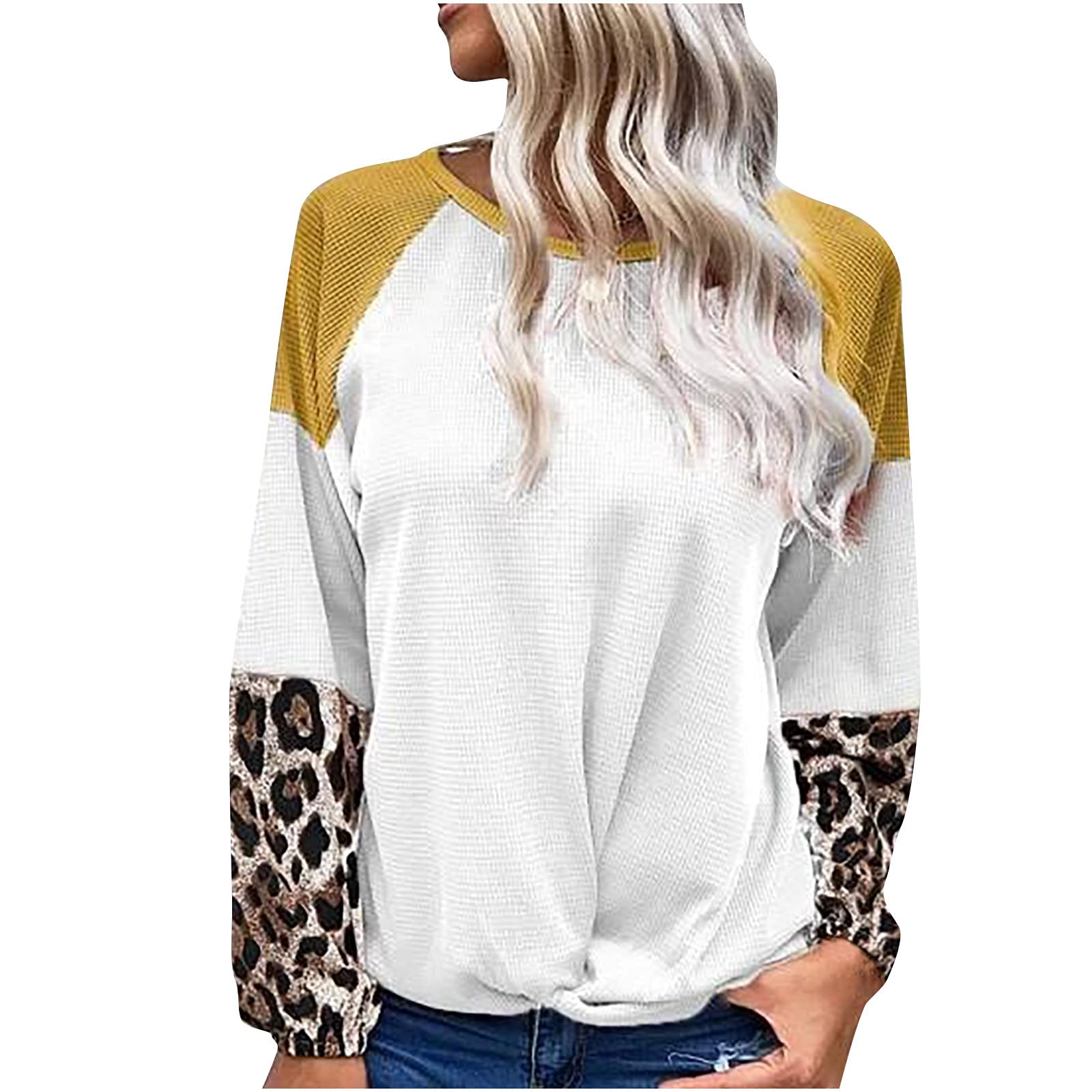 Women's Leopard Print Waffle Knit Tunic Top - Long Sleeve Patchwork Pullover Blouse for Casual Wear | Warm Thermal Crewneck Shirt for Fall & Winter Outfits, Office & Weekend Style