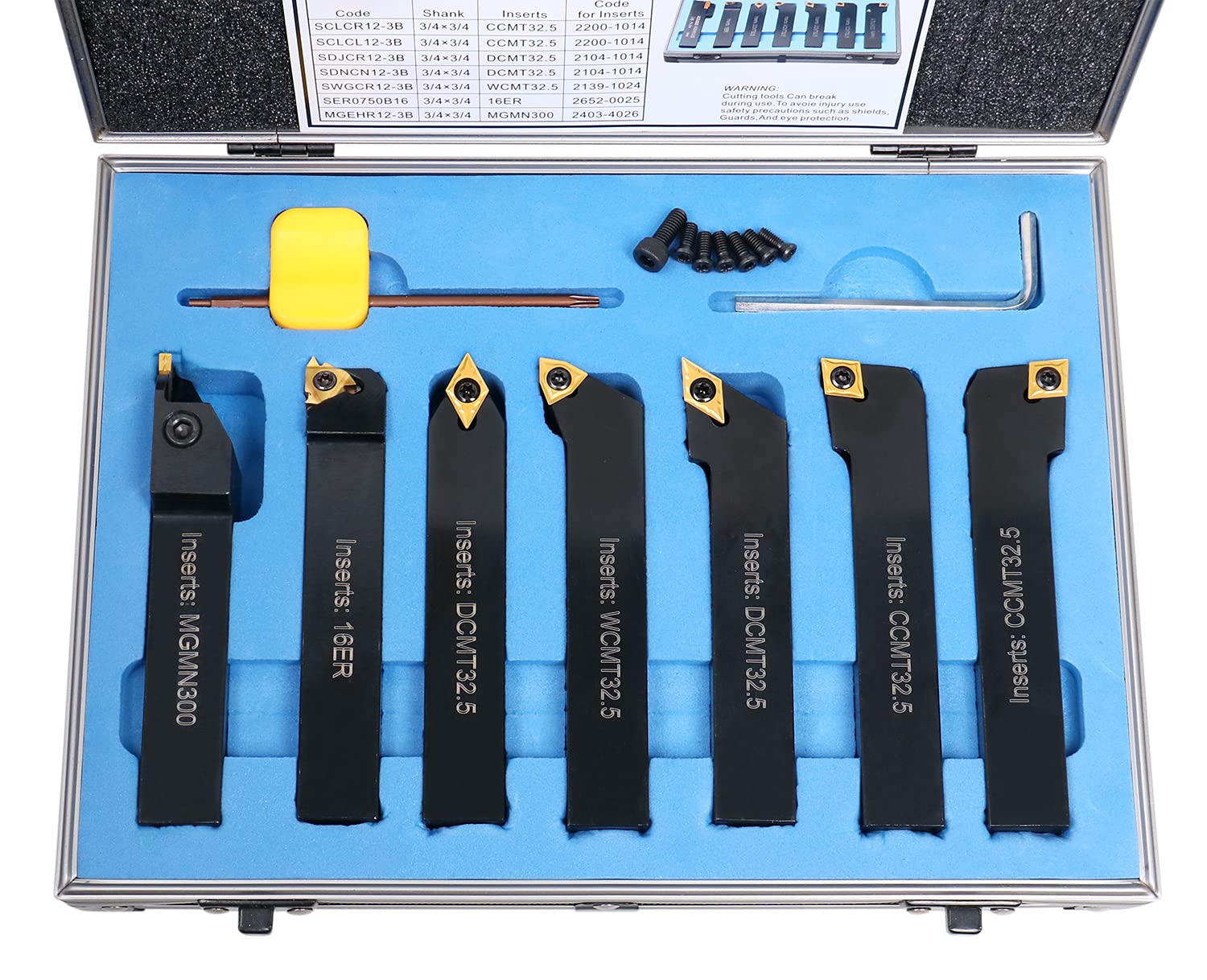 Accusize Industrial Tools 3/4'' Shank 7-Piece Indexable Carbide Turning Tool Set in Fitted Box (2387-2006) - Perfect for Metal Lathe Turning, Facing, and Grooving Operations