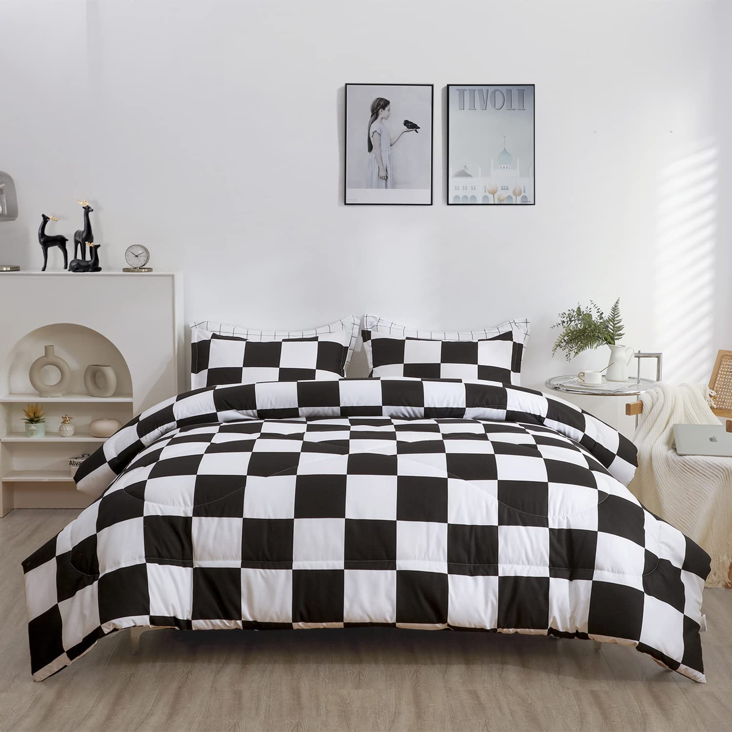 LUCKYBULL 3-Piece Full Comforter Set - Fluffy Down Alternative Bedding in Black & White Plaid, Soft Textured Checkered Design with 2 Pillow Shams - All Season Cozy Comfort for Bedroom, Guest Room, or Dorm