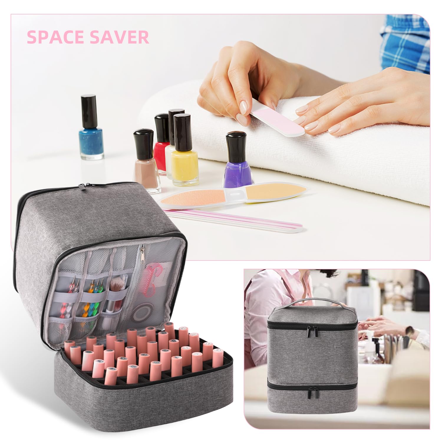 30 Bottle Travel Nail Polish Organizer - Double Layer Portable Storage Case for 15ml Nail Varnish & Manicure Set - Perfect for Salon Professionals & Home Manicures