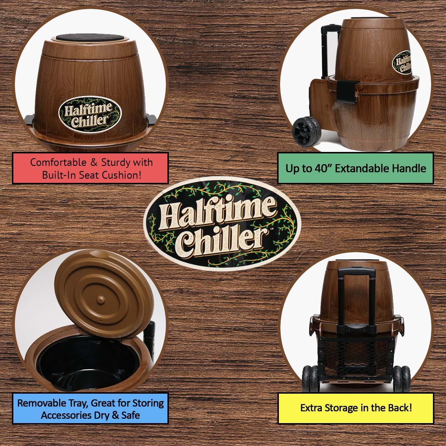 Halftime Chiller Rolling Cooler - Portable Insulated Cooler with Built-in Storage Tray, Seat, Telescoping Handle & Exterior Pockets | Perfect for Tailgating, Camping, Beach Trips & Outdoor Events