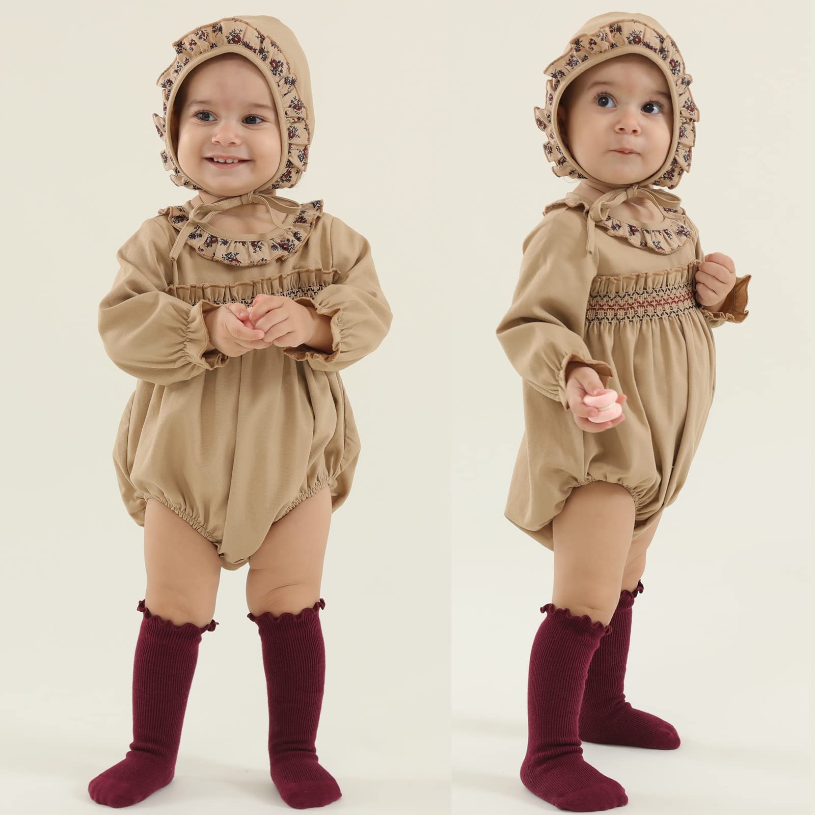 Adorable Baby Girl Long Sleeve Bubble Romper Outfit with Bonnet - Spring & Summer Toddler Clothing Set | Perfect for Playdates, Photo Shoots & Special Occasions