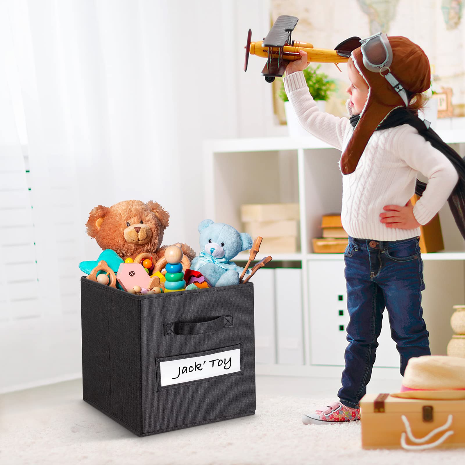 11 Inch Foldable Fabric Storage Cubes (Set of 10) - Black Closet Organizers with Labels & Pen - Perfect for Shelves, Closets, Toy Storage & Home Organization