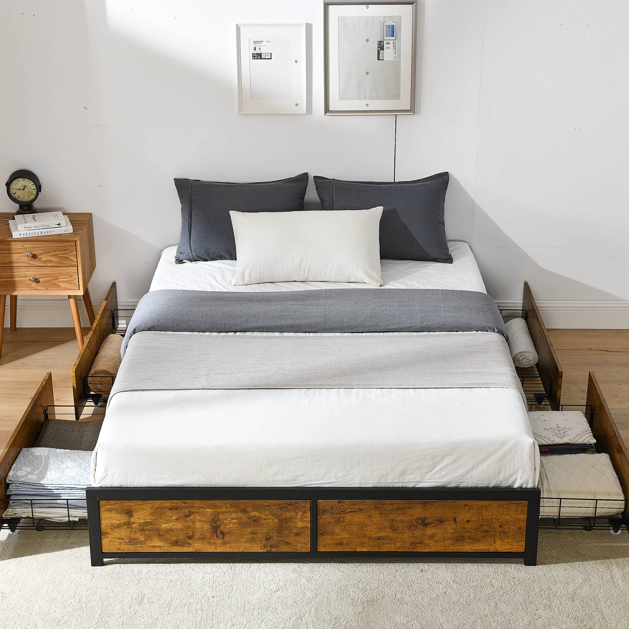 Queen Size Bed Frame with 4 Storage Drawers - Heavy Duty Metal Platform Bed with Footboard & 13-Slat Support - No Box Spring Needed - Perfect for Small Bedrooms & Guest Rooms (Queen, US Standard)