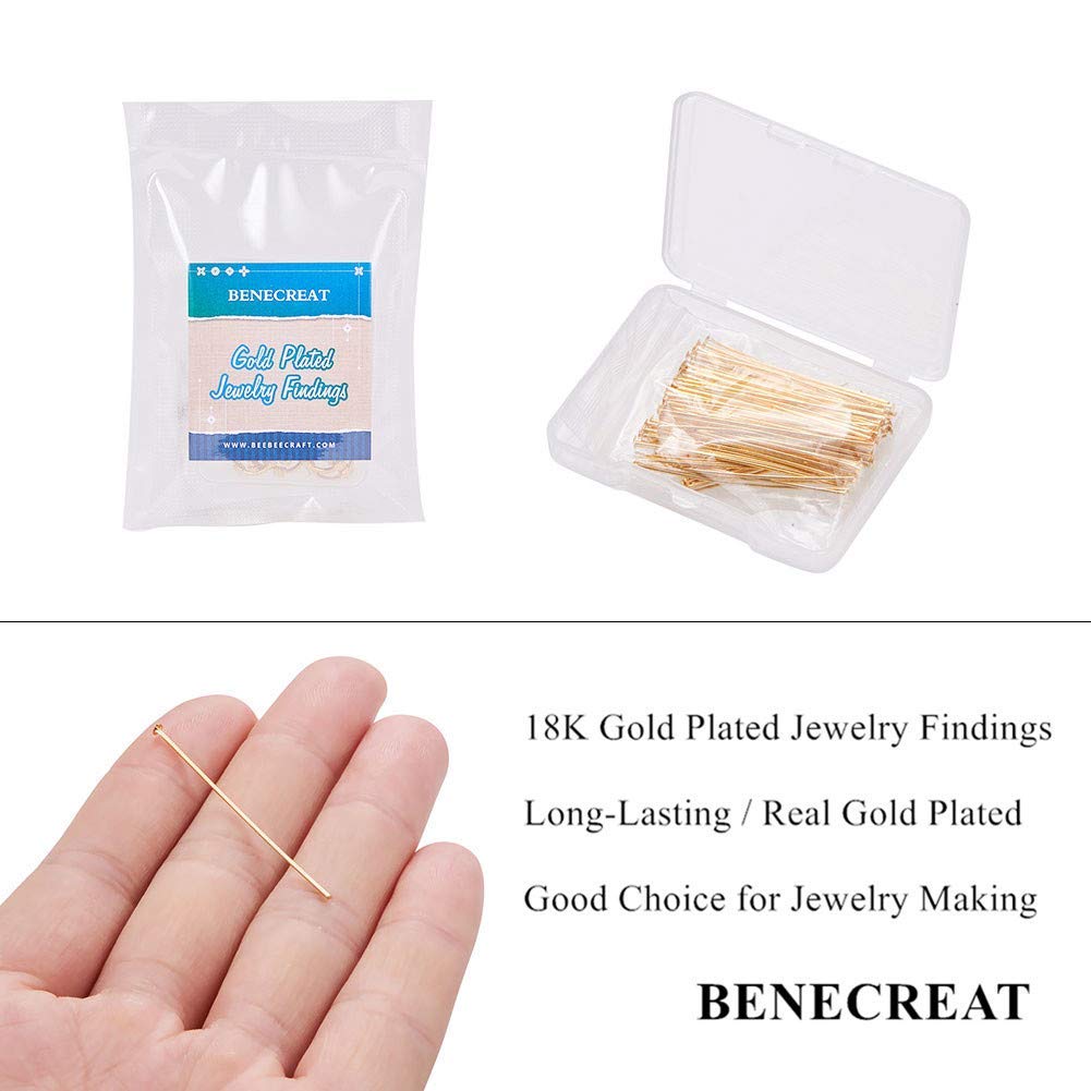 BENECREAT 100PCS 18K Real Gold Plated Flat Head Pins, 21 Gauge Satin Pins for DIY Jewelry Making, 45mm (1.8
