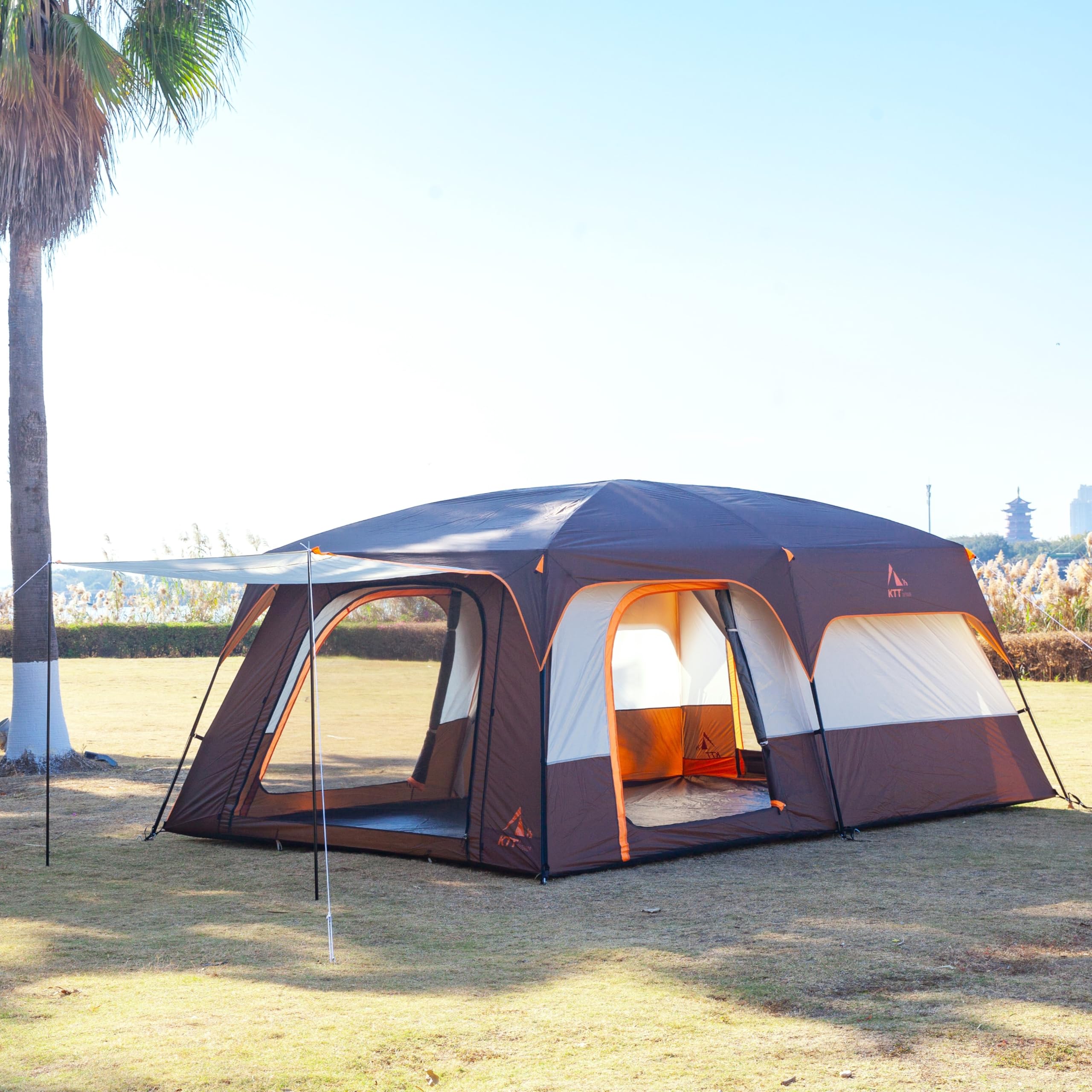 KTT Extra Large Family Cabin Tent for 10-14 People - 2 Rooms, 3 Doors & 3 Mesh Windows, Waterproof Double Layer Straight Wall Design - Perfect for Camping, Picnics, Family Gatherings & Outdoor Adventures