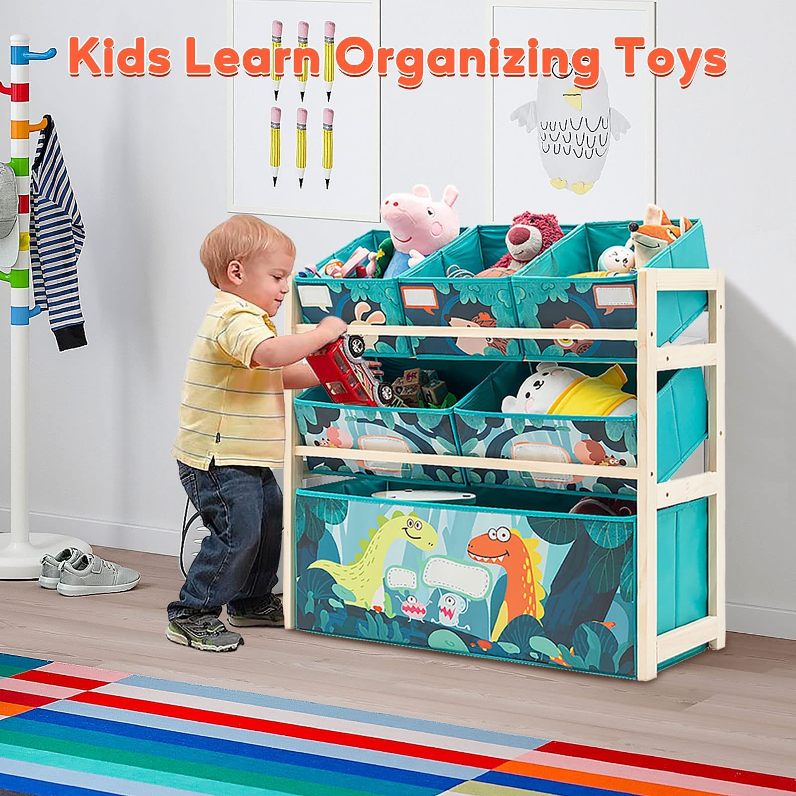 3-Tier Wooden Toy Storage Organizer with 6 Fabric Drawers - Kids Bookshelf & Toy Display Stand for Bedroom, Playroom & Nursery - Sturdy Bookcase & Multi-Functional Cabinet for Books, Toys & More