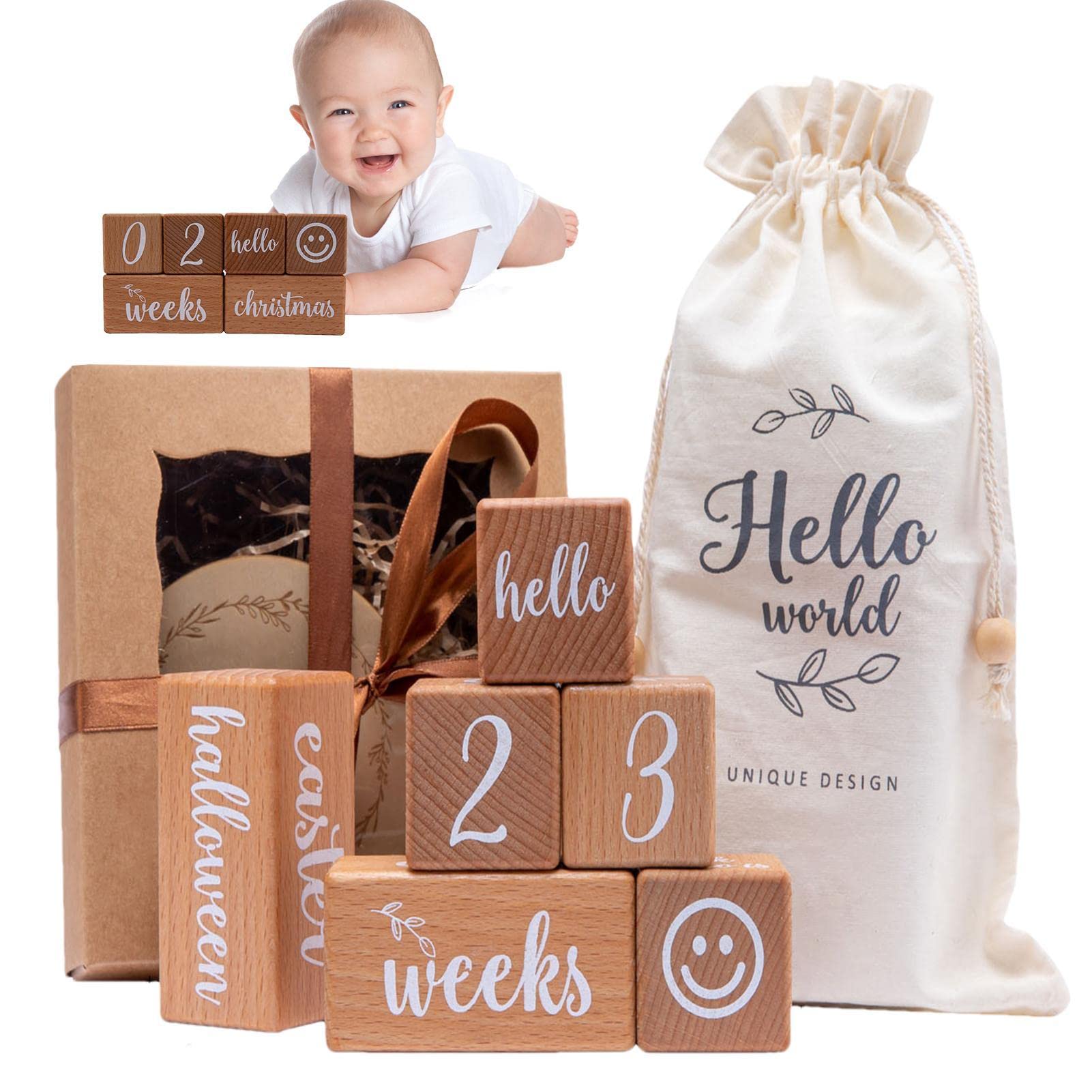 Baby Milestone Blocks Set - Wooden Growth Record Cards for Boys & Girls - Digital Age Milestones for Baby's First Year - Perfect for Birthdays, Photo Props, and Nursery Decor