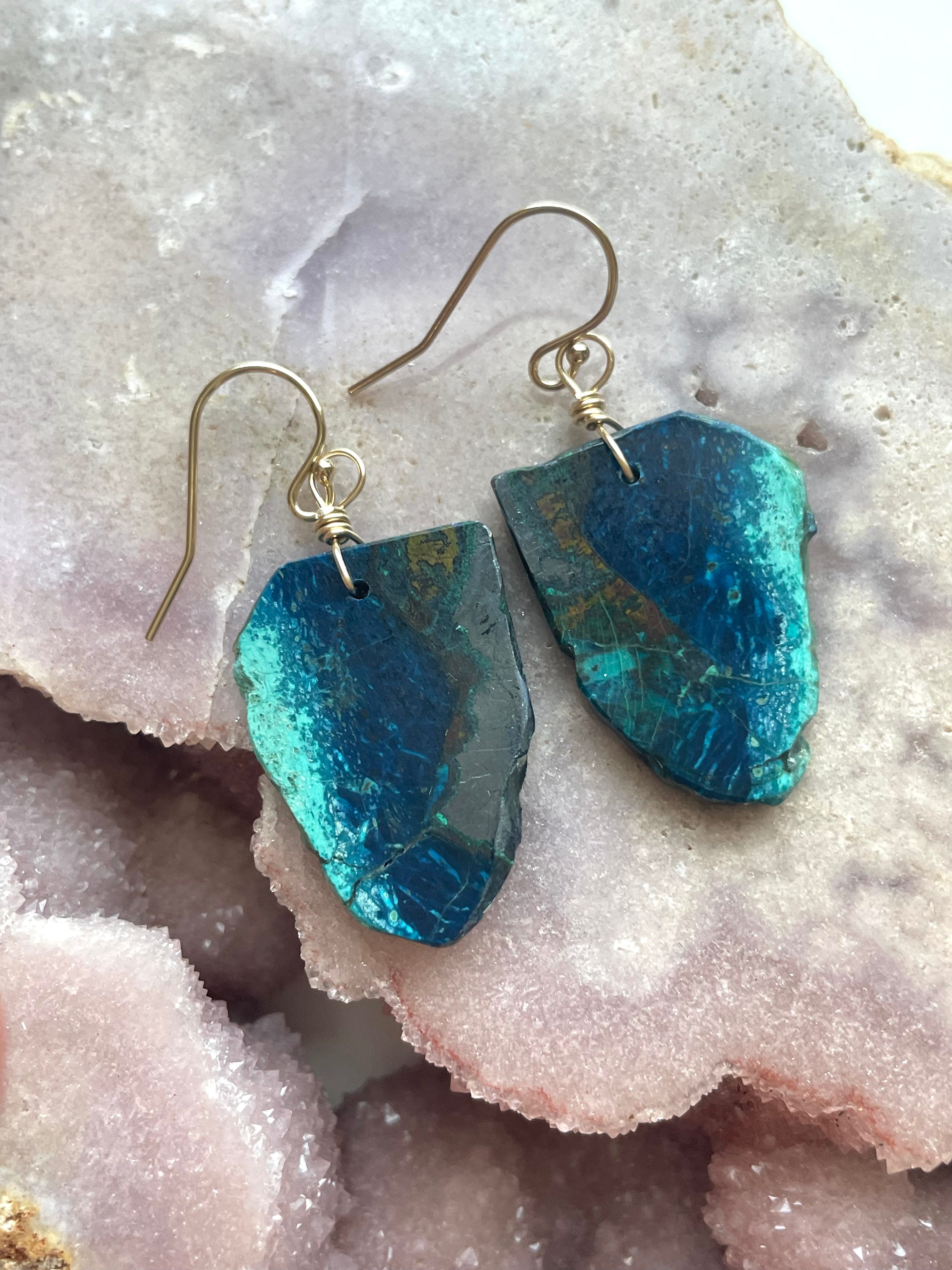 Chrysocolla Gold Filled Statement Crystal Gemstone Earrings for Women - Elegant Dangle Drop Earrings for Party, Wedding & Special Occasions