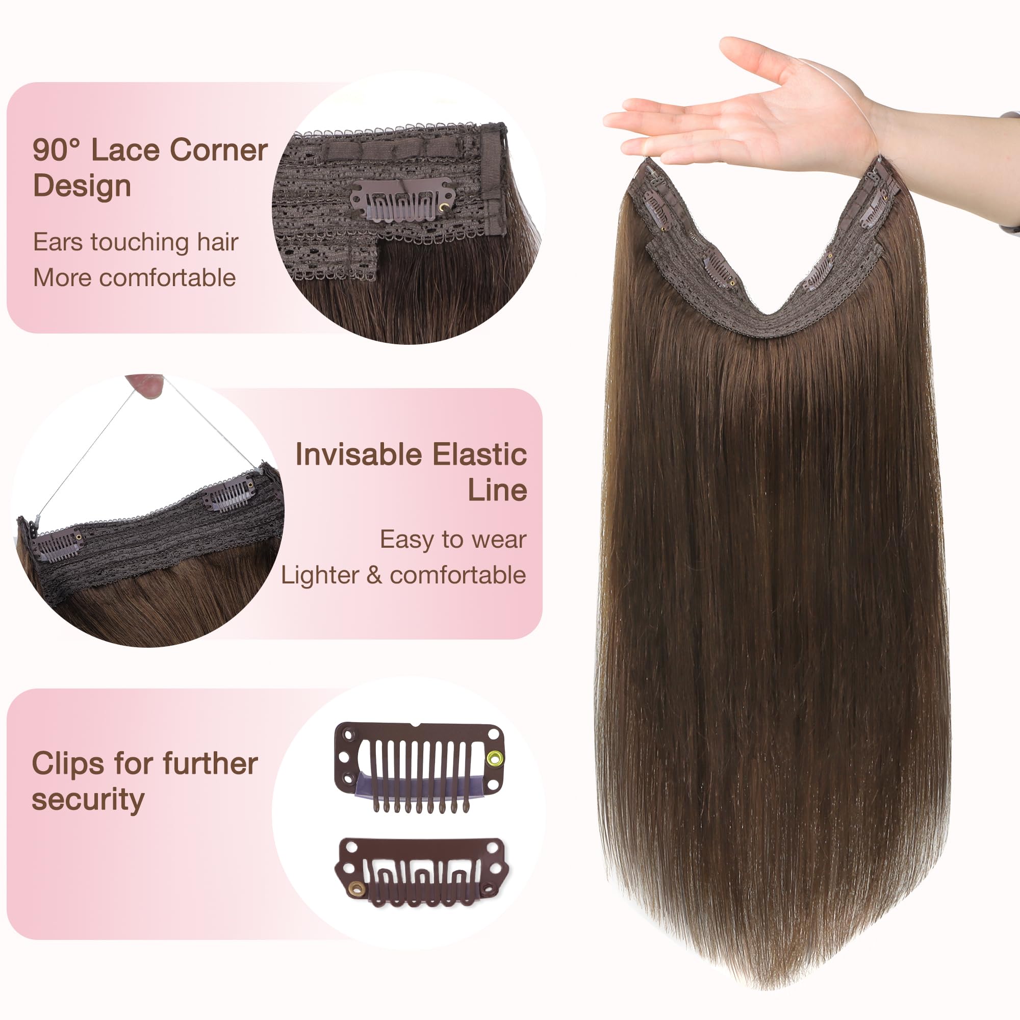 GOO GOO 20Inch 110g 4A Chocolate Brown Human Hair Extensions with Invisible Wire - Seamless Transparent Fish Line Hairpiece for Natural Look - Perfect for Parties, Weddings & Daily Styling