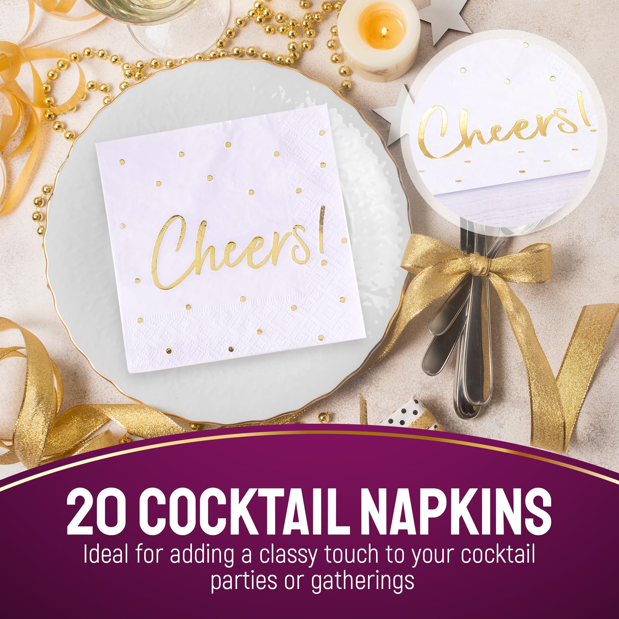 Premium 5x5 Inch Heavy Duty Acrylic Cocktail Napkin Holder with 20 Gold Embossed 'Cheers' Napkins - Elegant Party & Event Accessory for Weddings, Bars, and Home Entertaining