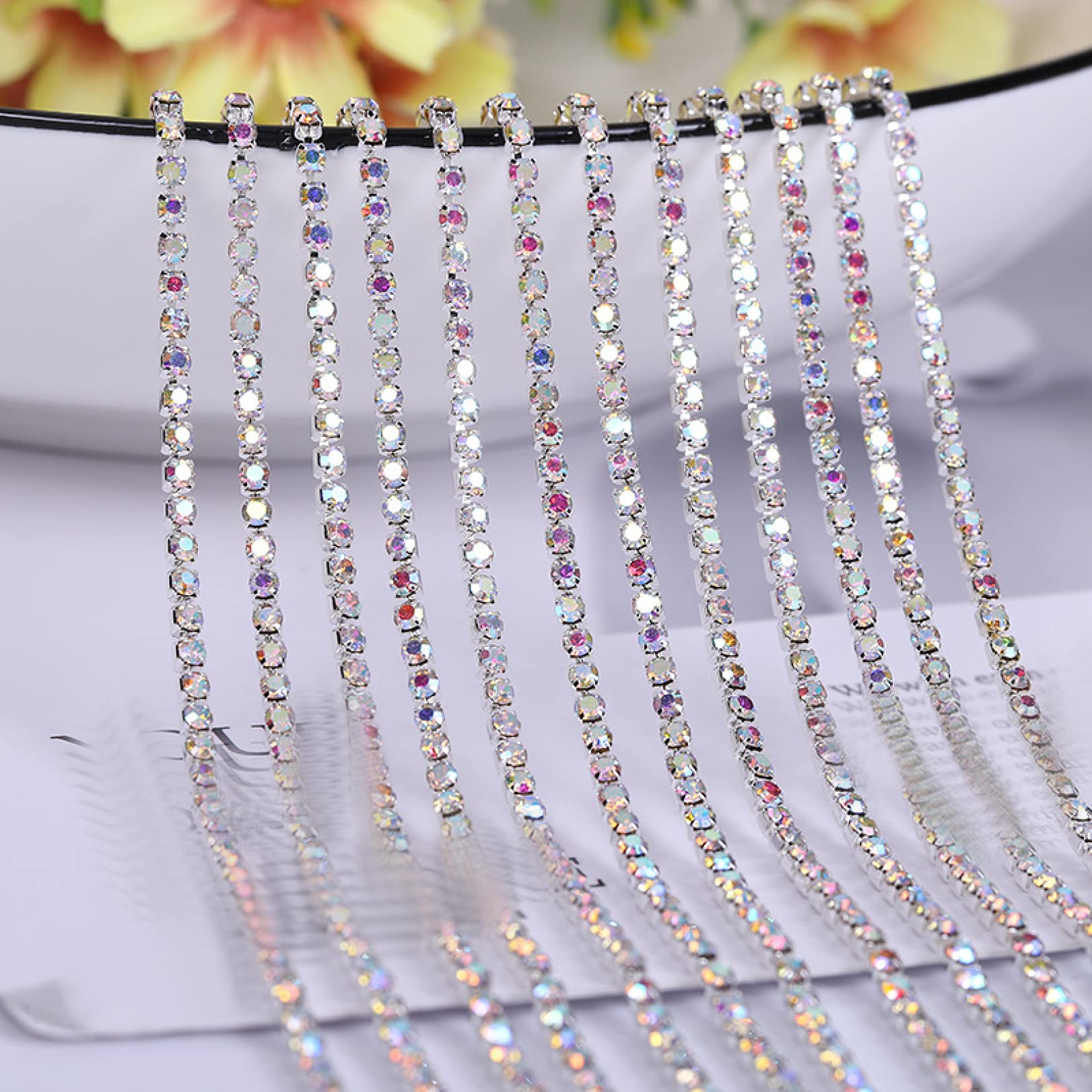 Silver Base Glass Crystal Cup Chain - Clear Rhinestone Chain for DIY Clothing, Bags, Phone Cases & Frames | Jewelry Making, Crafting & Home Decor Accessories