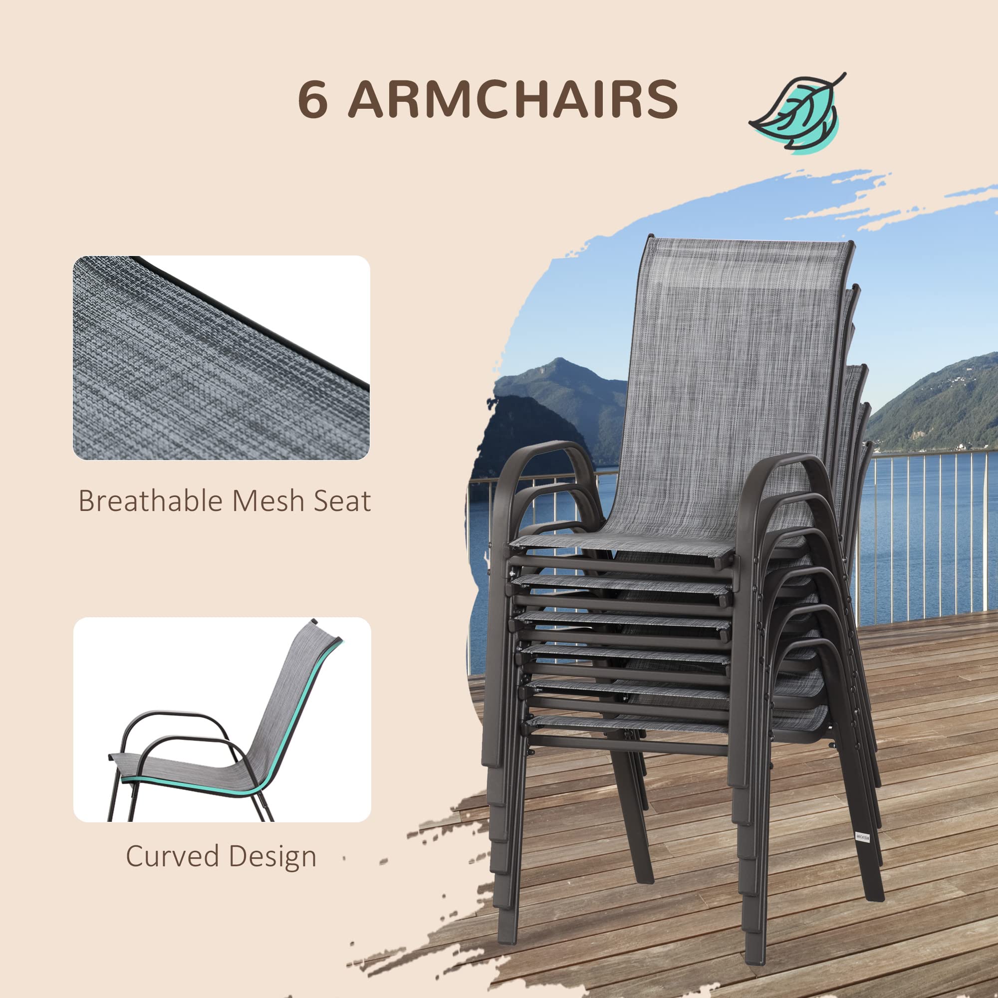 Outsunny 8-Piece Patio Furniture Set with 9Ft Umbrella, Outdoor Dining Table & 6 Chairs, Push-Button Tilt & Crank Parasol, Tempered Glass Top (Gray) - Perfect for Backyard, Garden, Poolside & Outdoor Entertaining