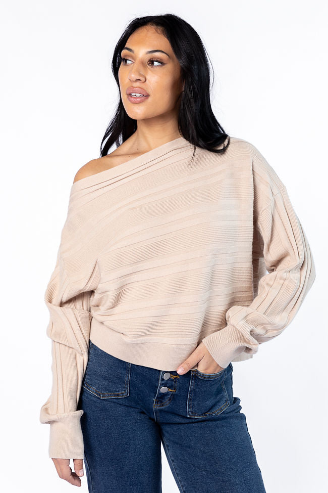 Feels Right Beige Off The Shoulder Ribbed Sweater for Women - Soft Knit Pullover Top for Fall & Winter - Perfect for Date Night, Office Wear and Casual Outings