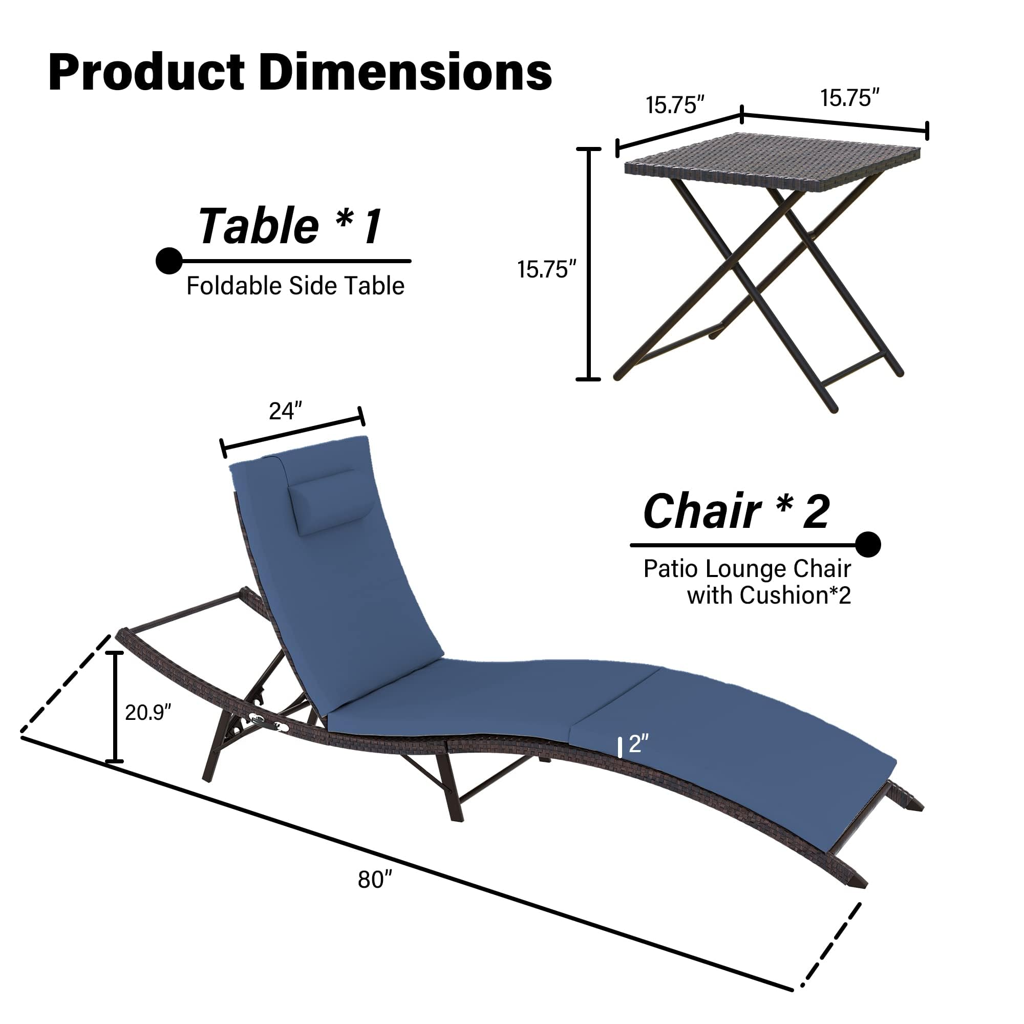 3-Piece Patio Chaise Lounge Set with Adjustable Rattan Backrest & Folding Table - Outdoor Furniture for Poolside, Beach, Backyard, Porch | Perfect for Sunbathing, Relaxing & Entertaining Guests